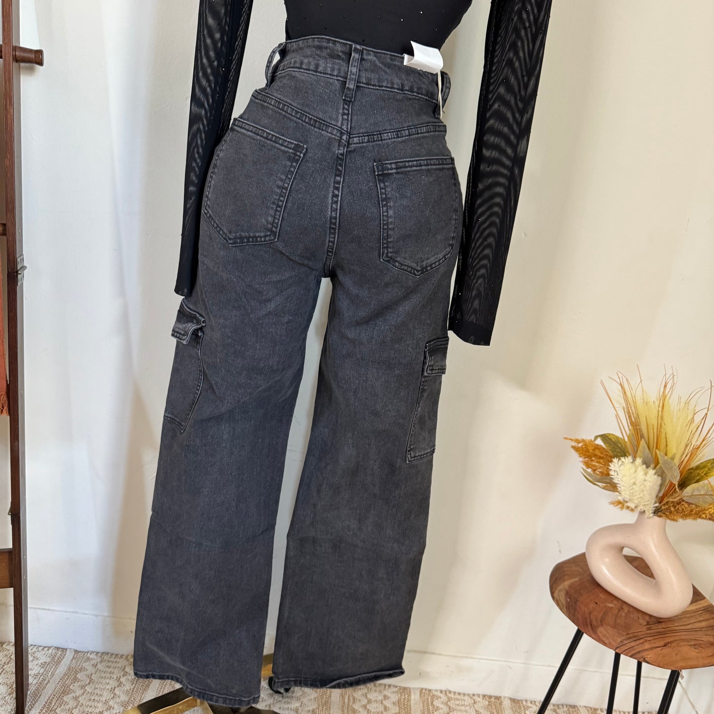 Wide Leg Cargo Jeans- DK Grey Cargo