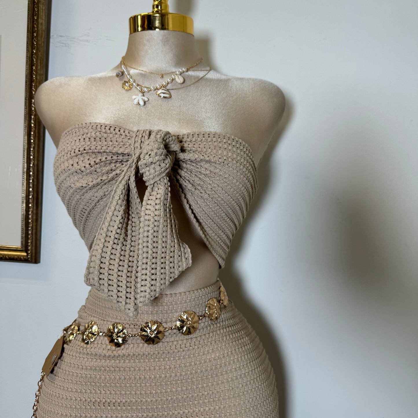 Fishnet Textured Knit Bow Tie Tube Top & Skirt Set-Beige