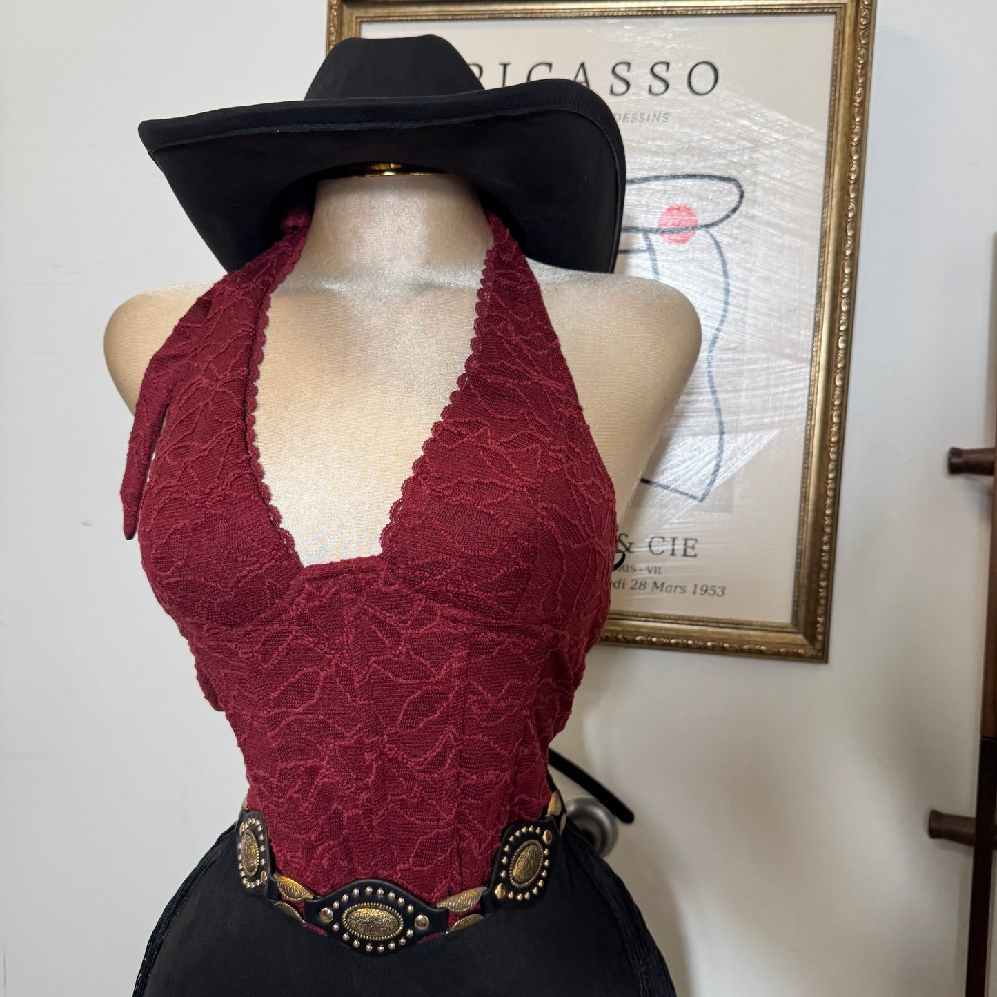 Textured Lace Halter Top-Burgundy