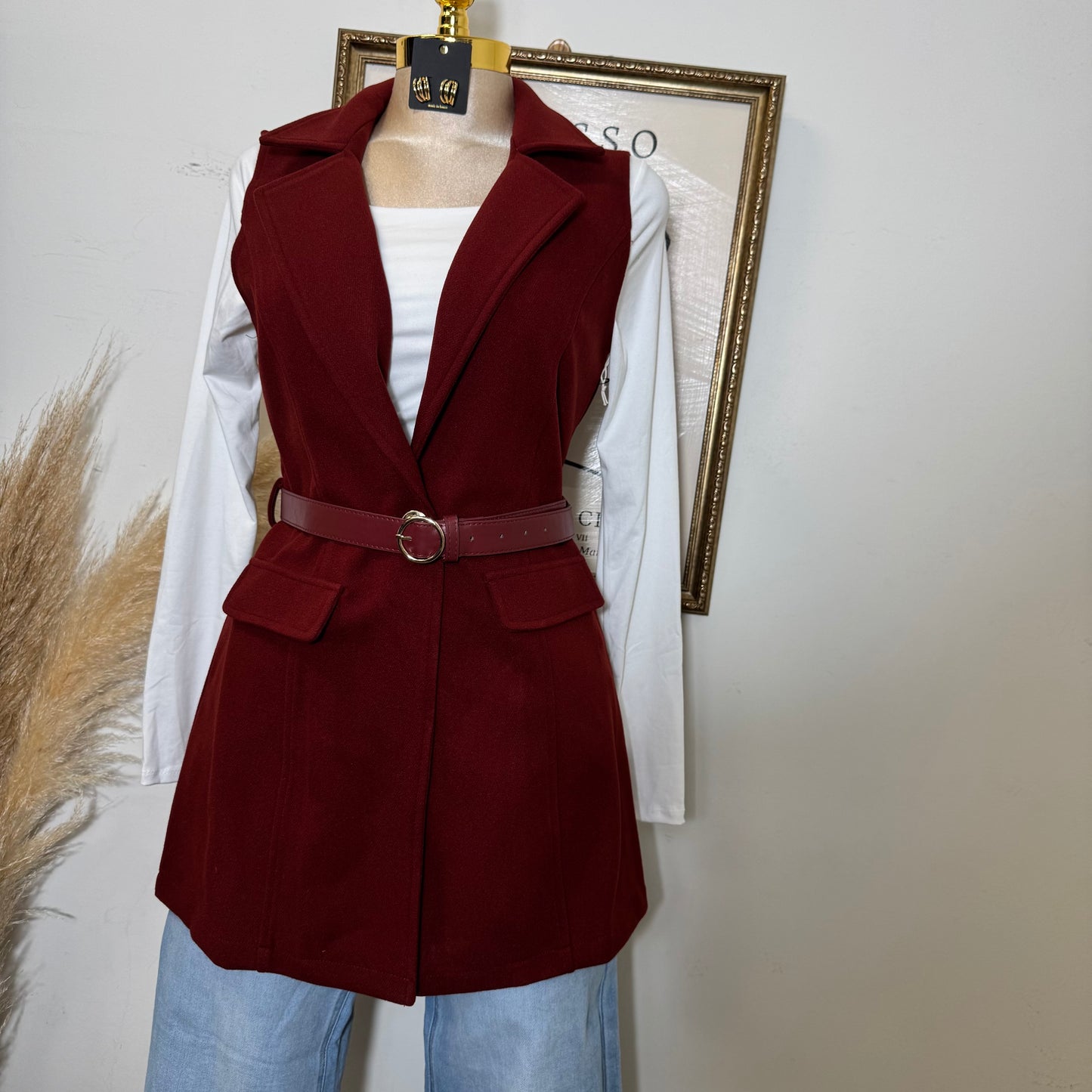 Brush leather Belted Blazer Coat Vest-burgundy