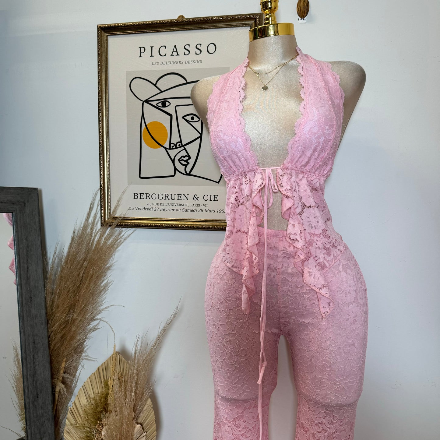 Sexy Lace Pant Set-Pink