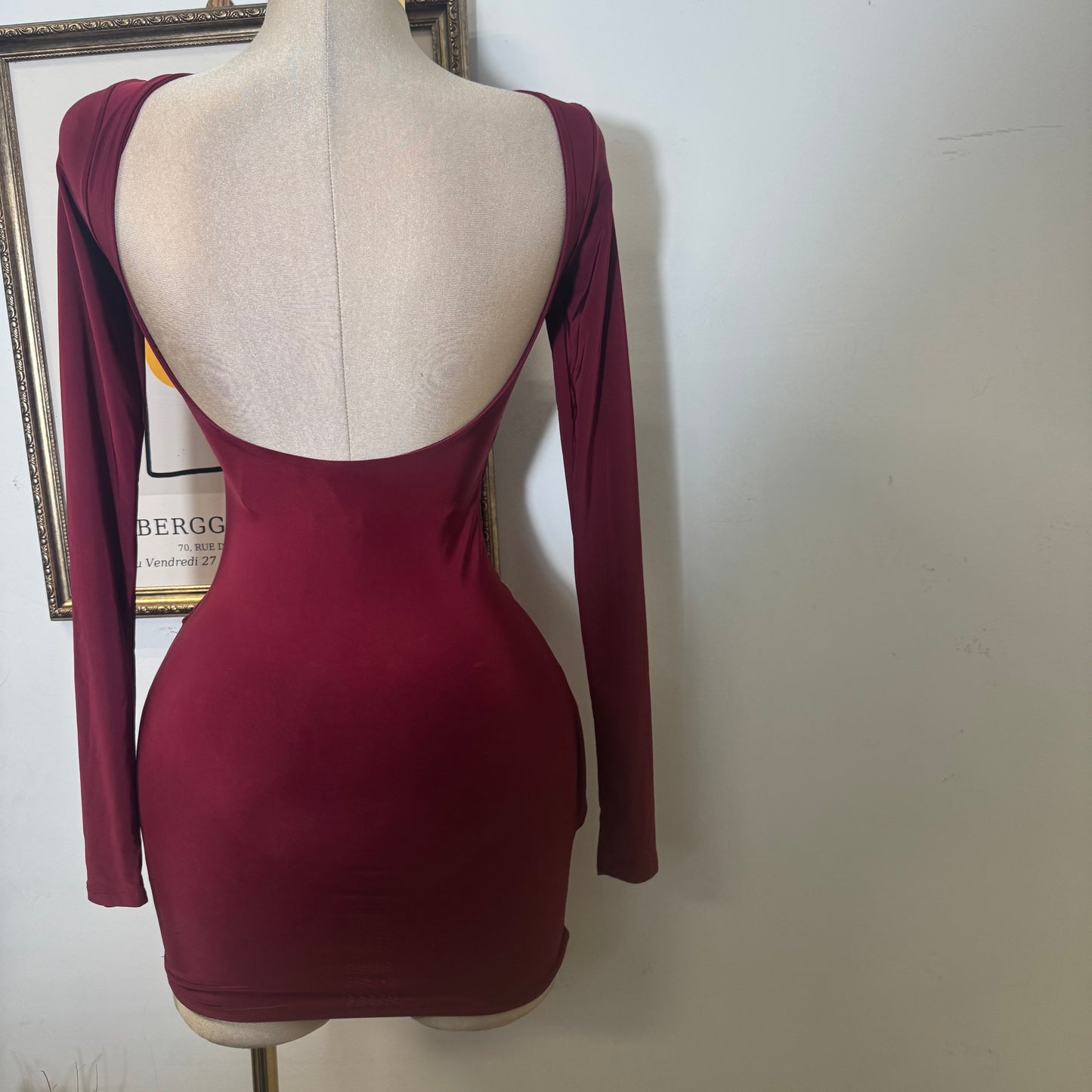 Long sleeve Drape Mini Dress-Burgundy