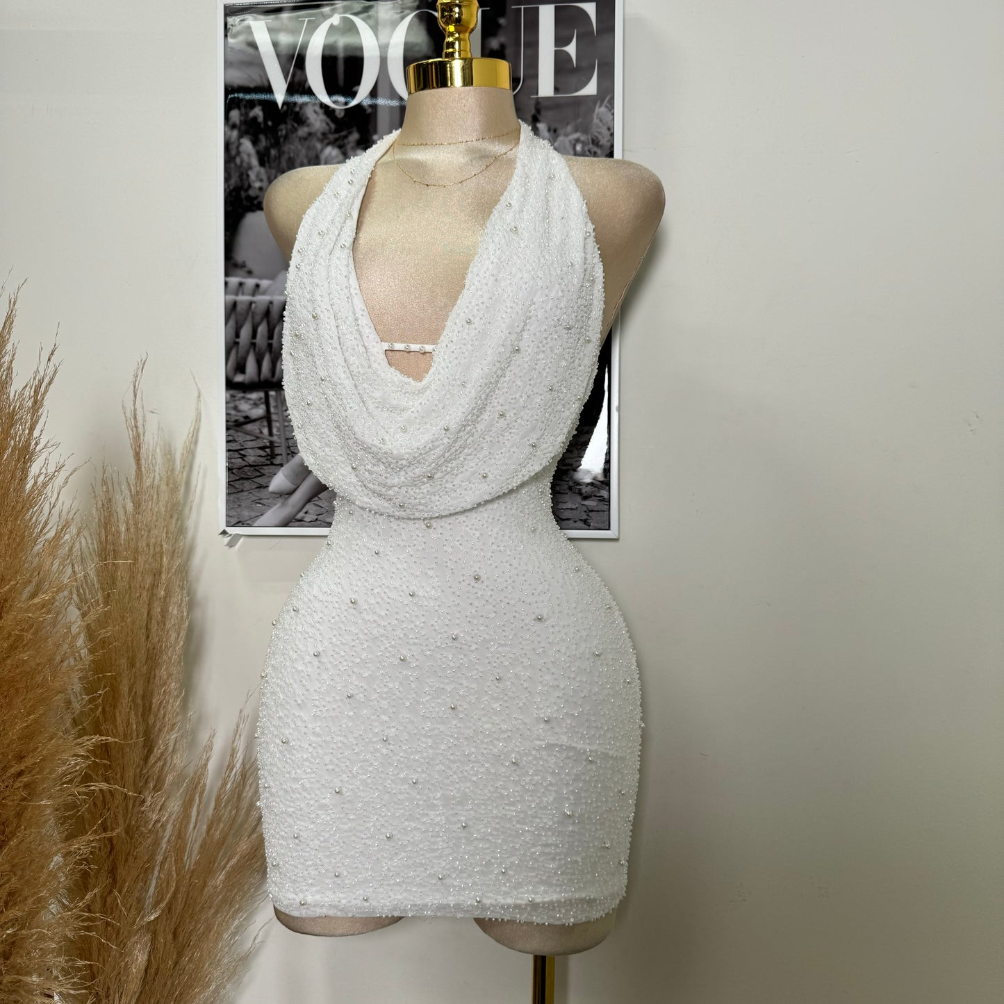 Cowl beaded Halter Dress-White