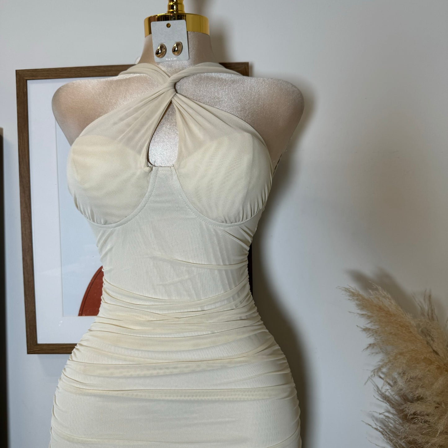 Inara Mesh Twist Halter Neck Midi Dress-Ivory1