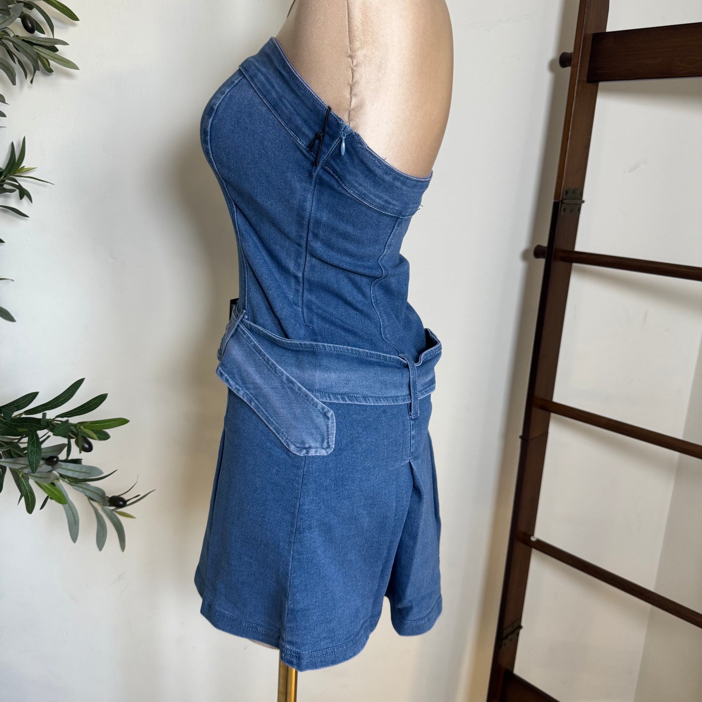 strapless Denim Belted Dress-Denim