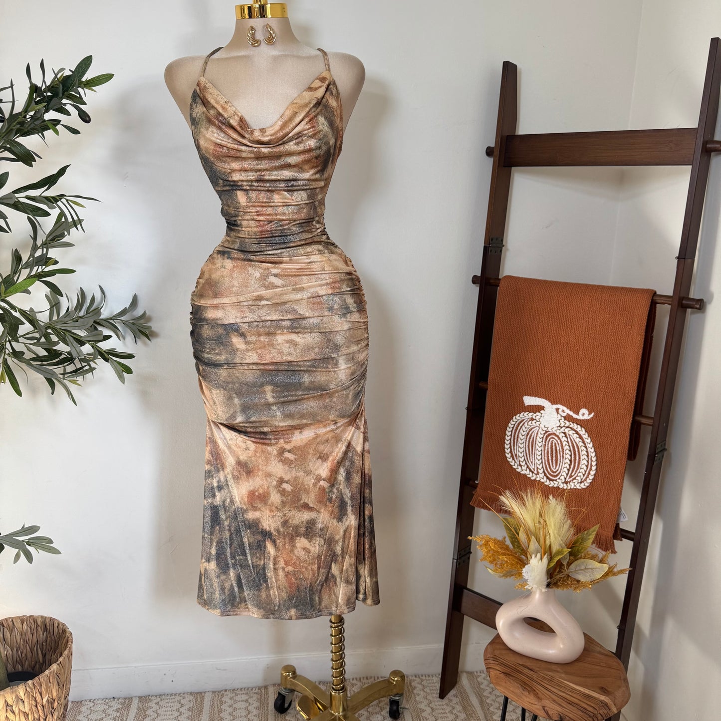 Deep Plunge Halter Neck Ruched A-Line Midi Dress-Brown Gold Multi