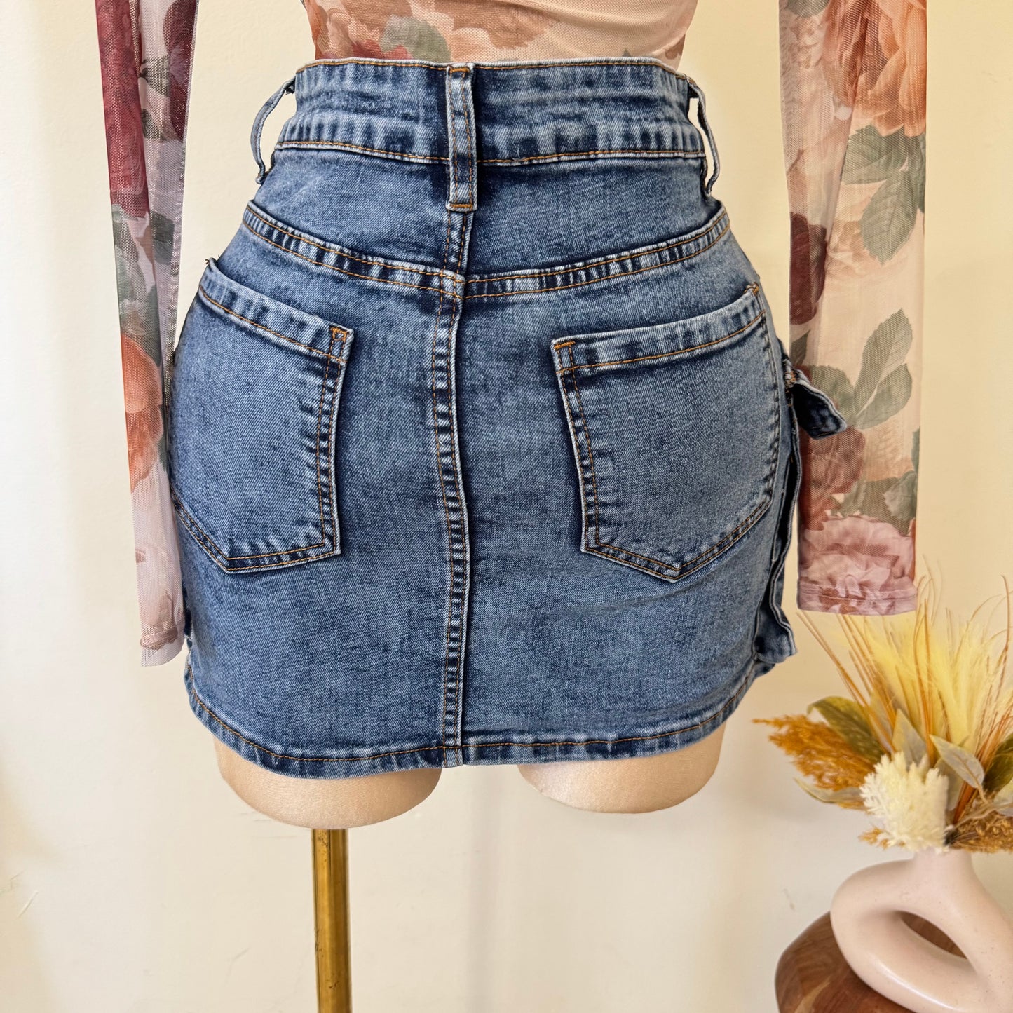 Cargo Denim Mini Skirt-Denim