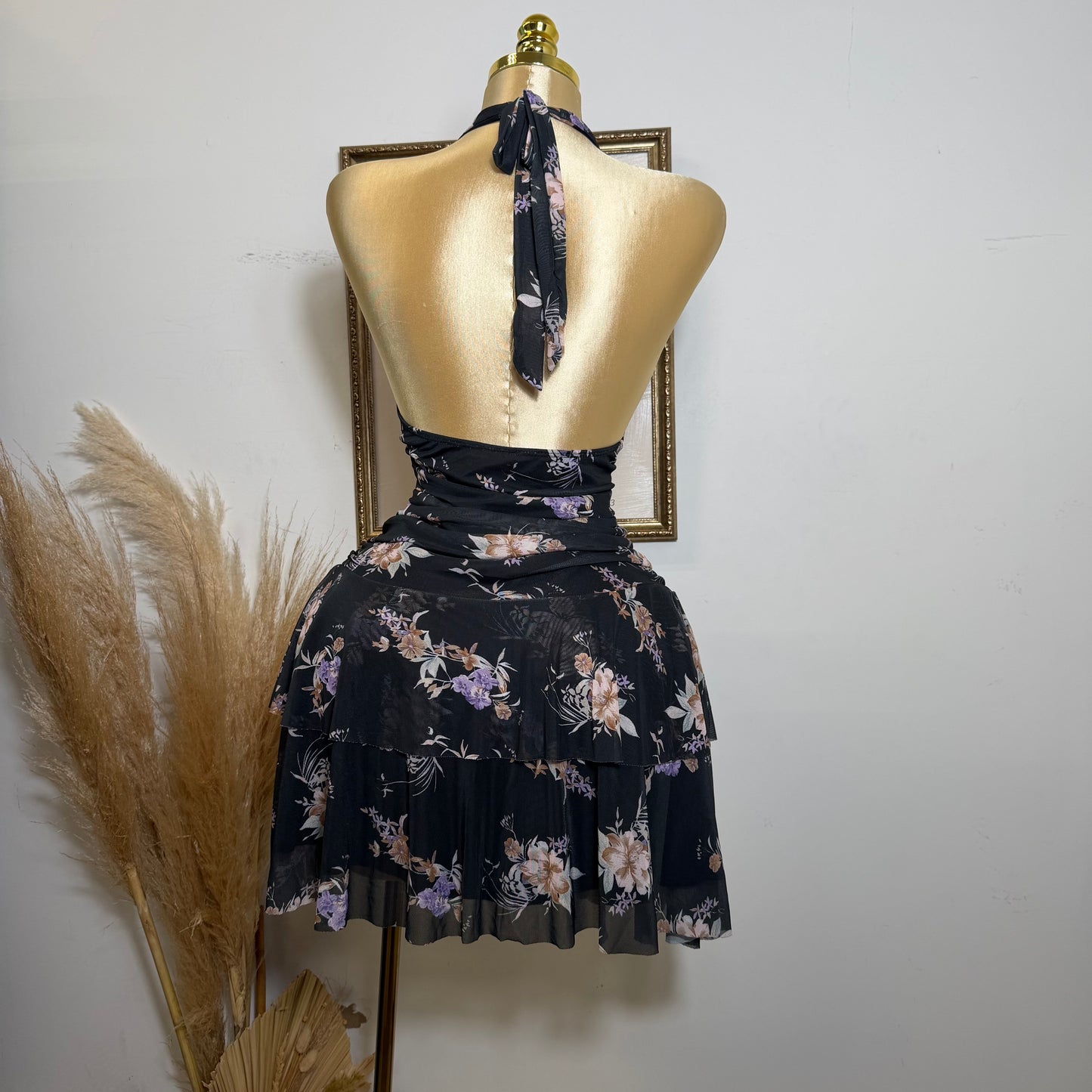 PL- Flower Halter Flare Dress-Black