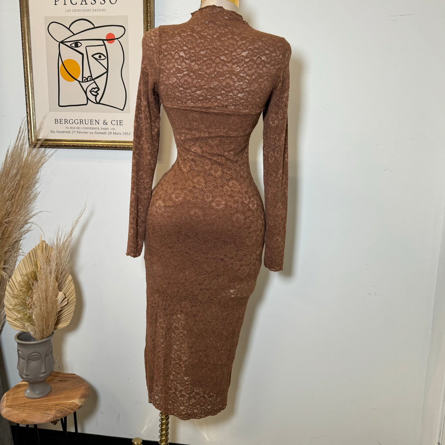 Rosie Lace Midi Open Slit  Dress-Brown