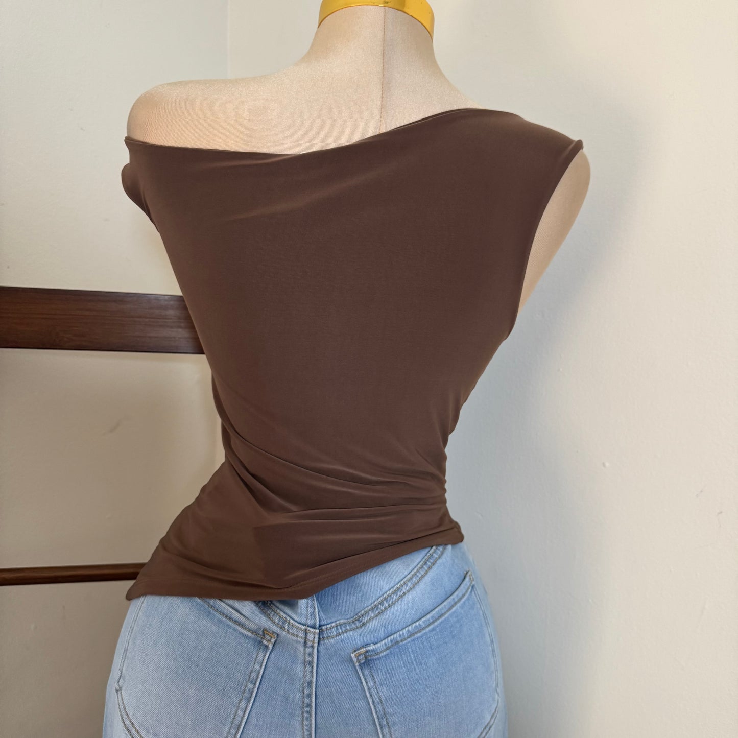 Asymmetrical Off Shoulder Ruched Crop Top-Brown