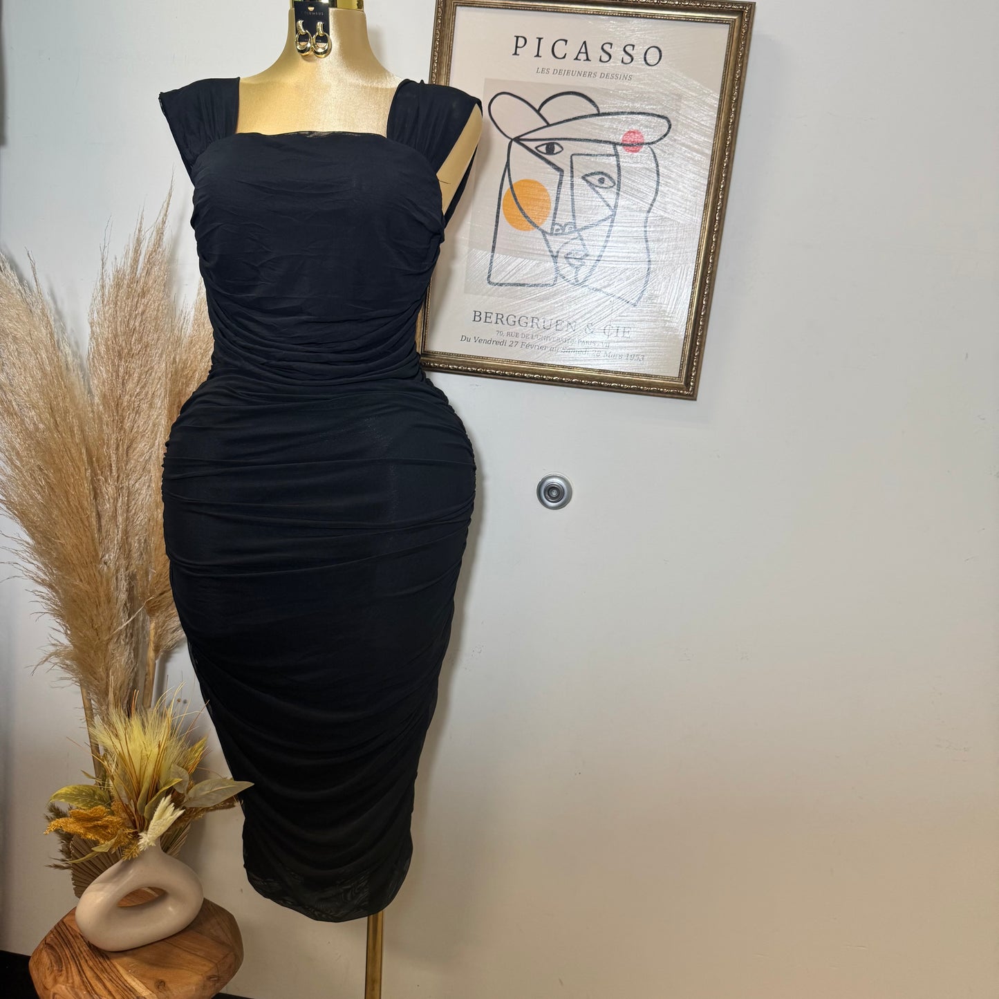 PL Sleeveless Square Neck Ruched Mesh Dress-Black