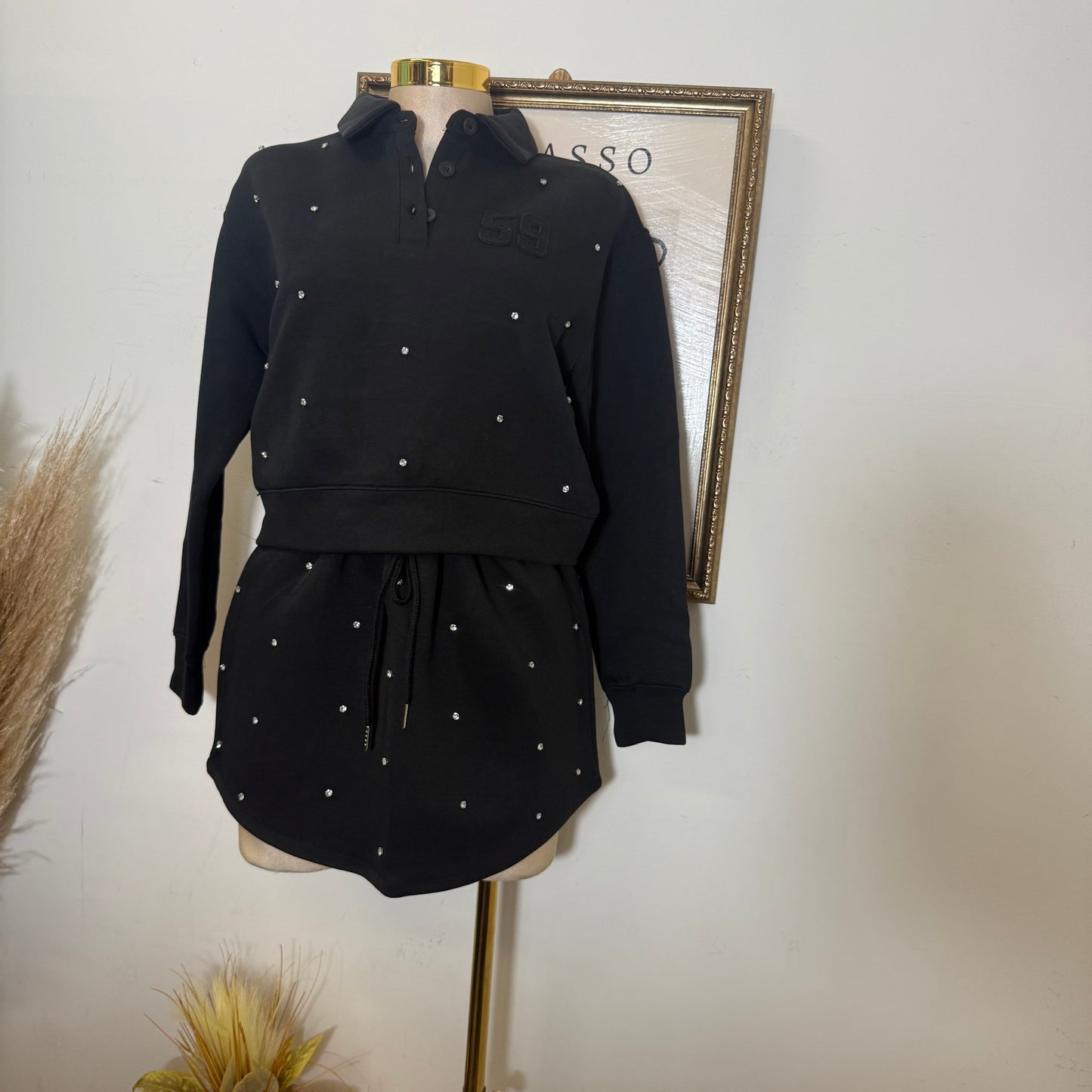 Long Sleeve Embellish scuba Polo Set-black