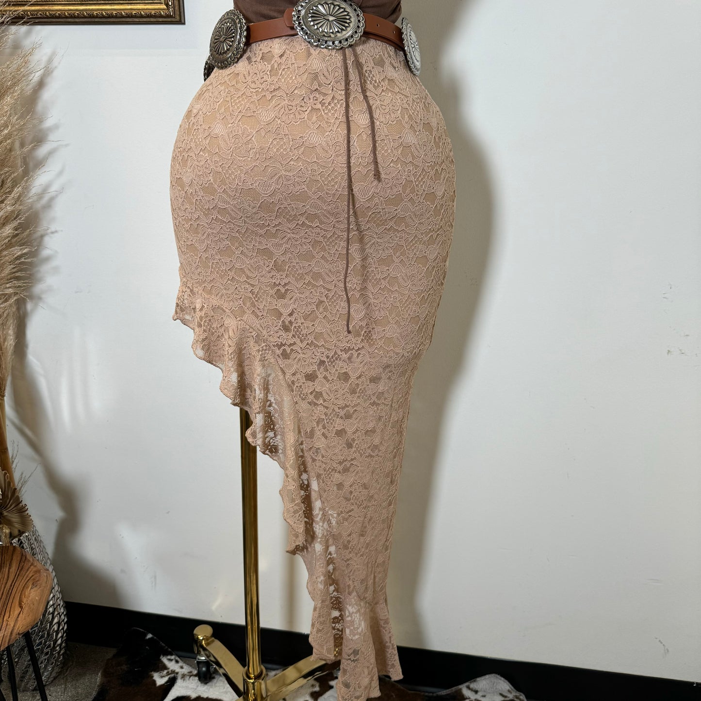 Asymmetrical Lace Maxi Skirt-Brown