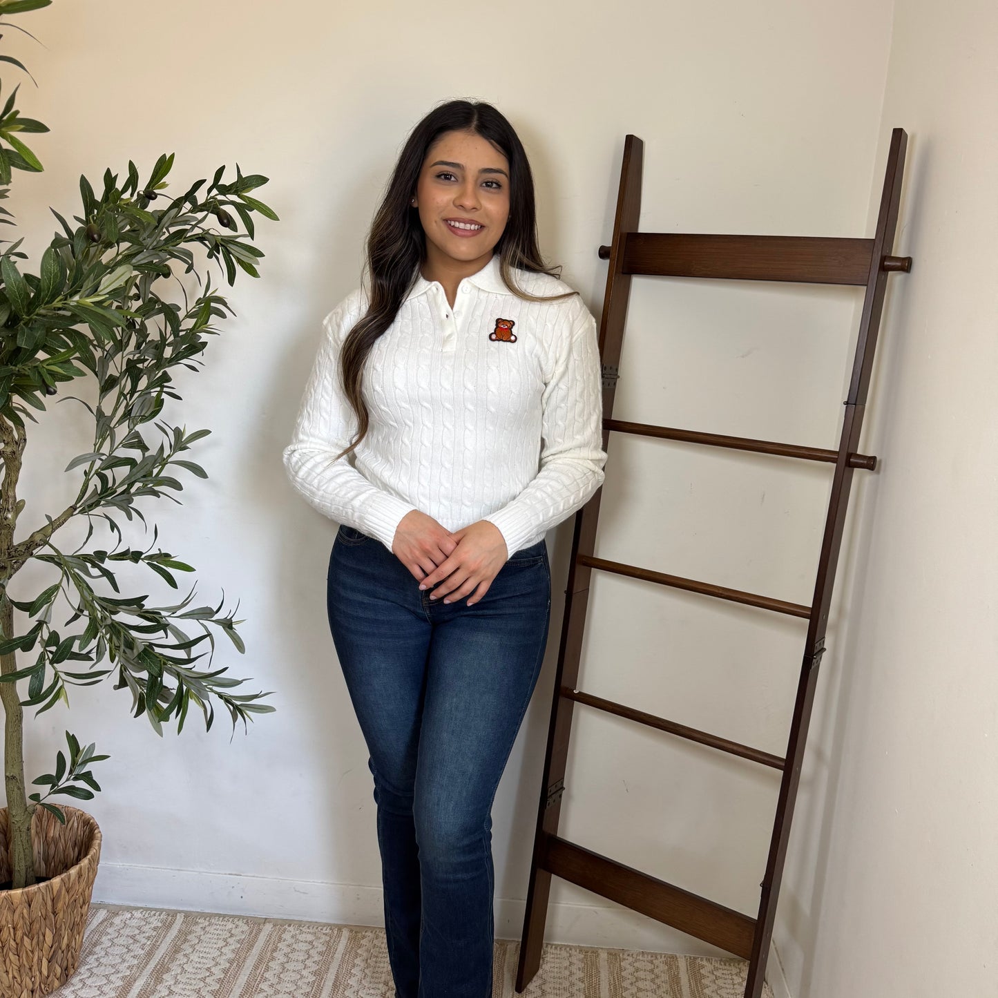 Cable Knit Teddy Bear Polo Sweater-Ivory
