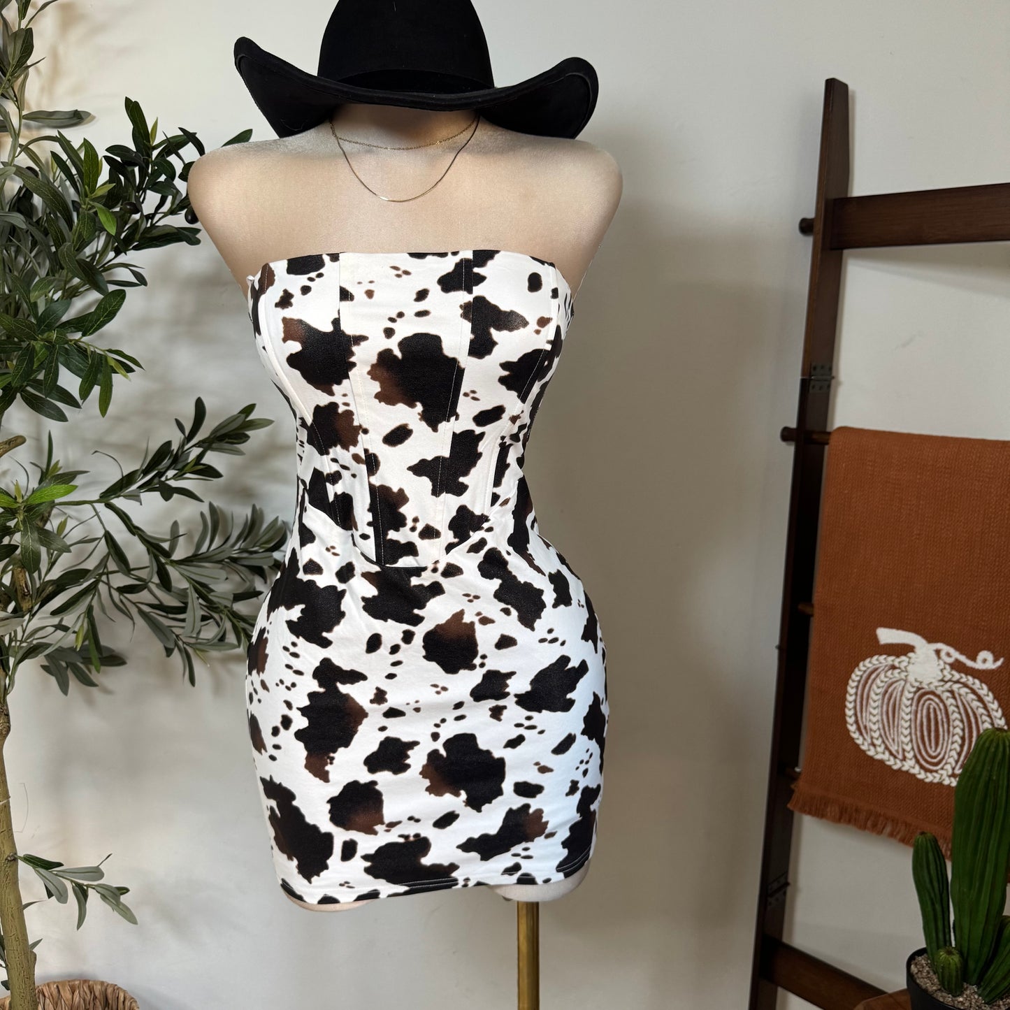 Strapless Cow Printed Mini Dress-White