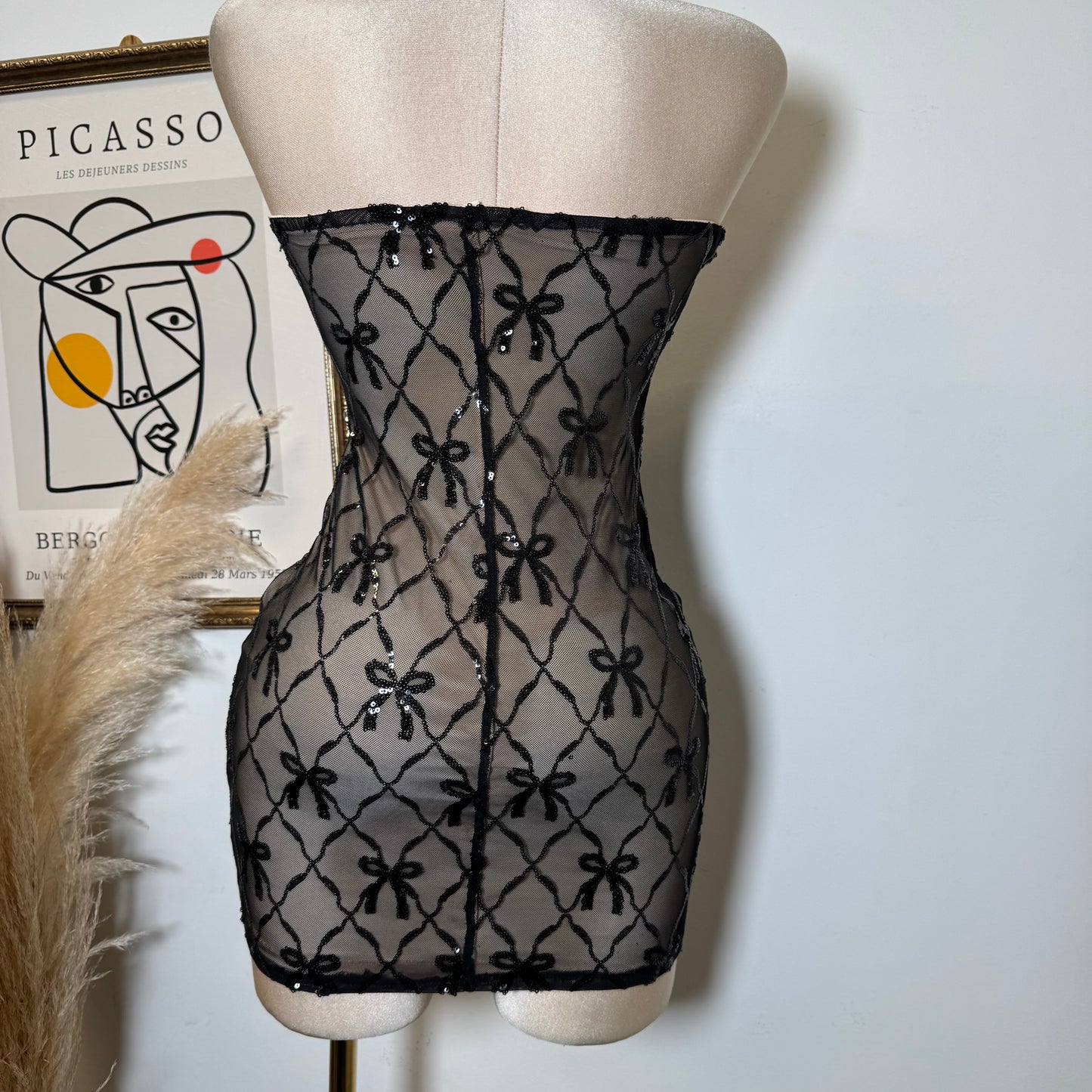 Bow Sequins Dress-Black