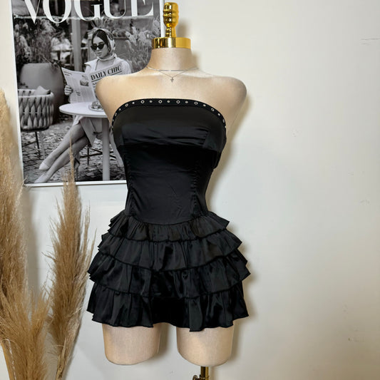 Black Tube Mini Dress With Ruffle-Black