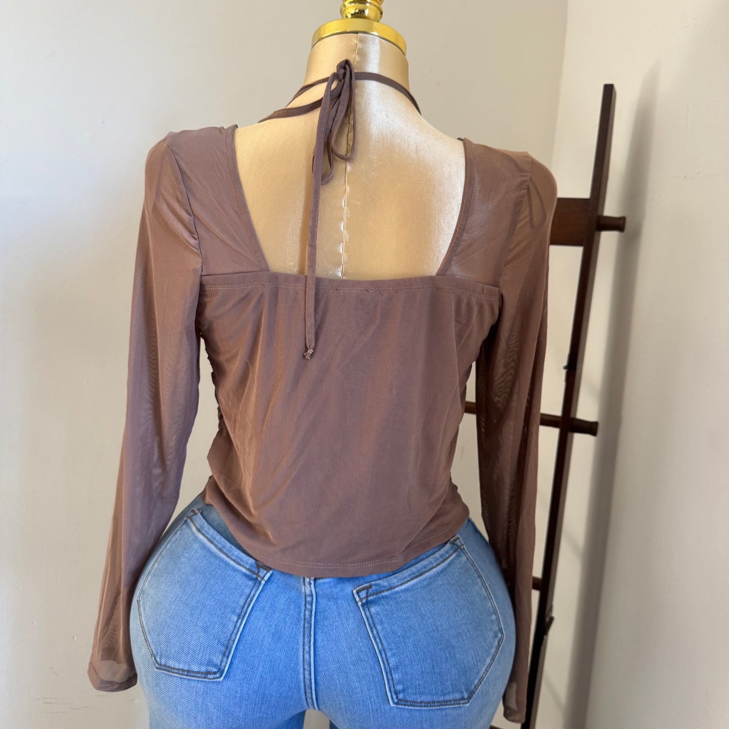 Long Sleeve Corset Top-Brown