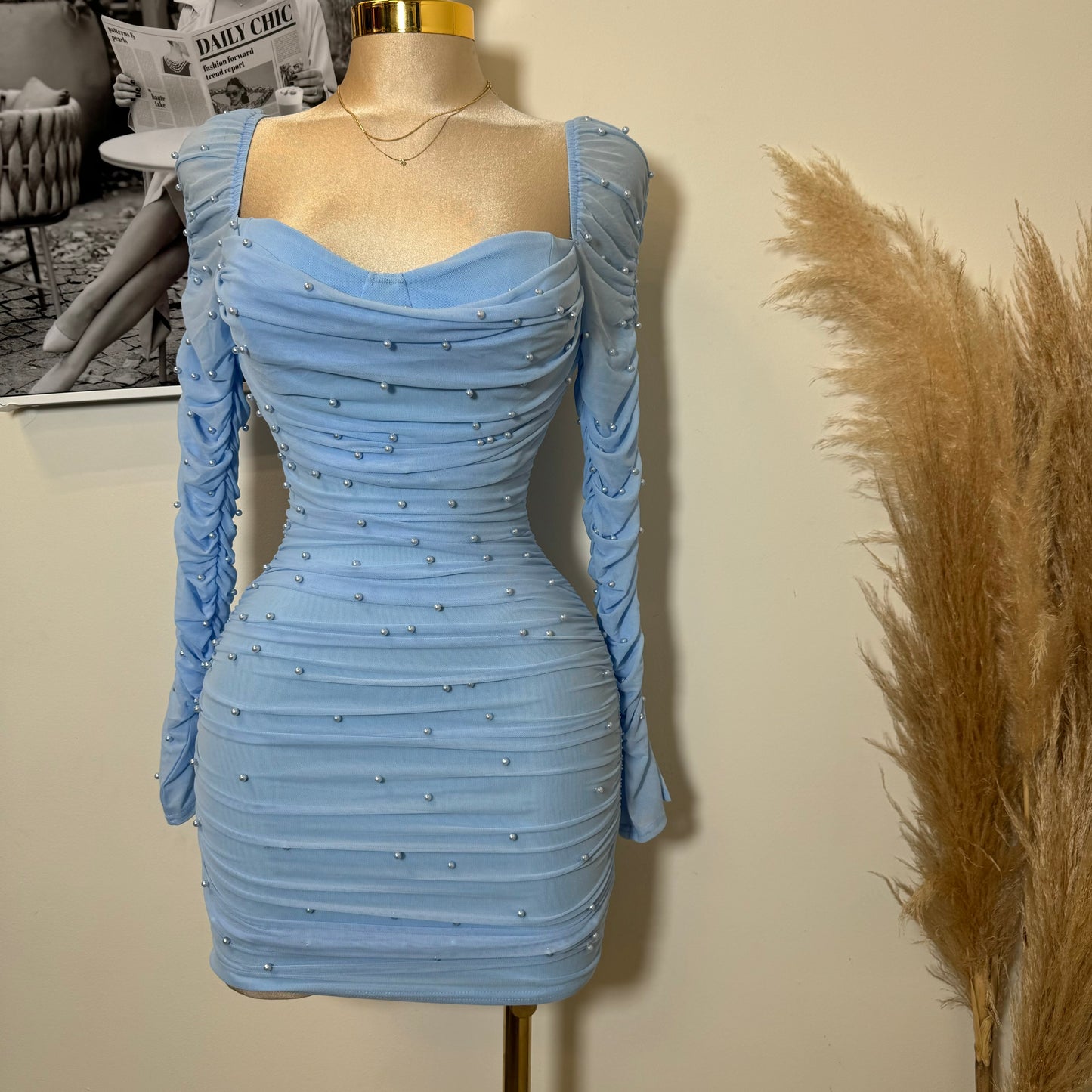 Meghan Pearl Mesh Dress-Baby Blue
