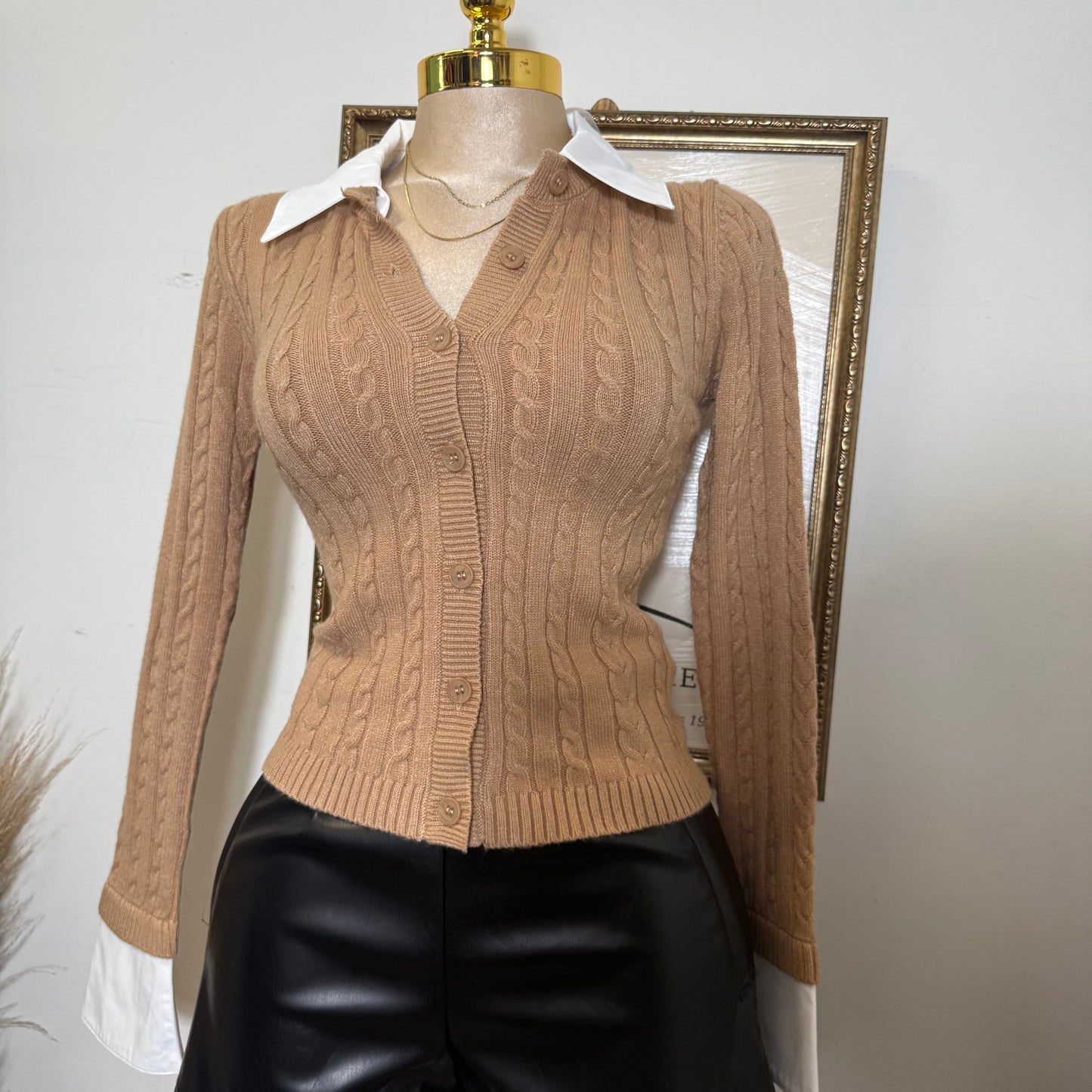 Collar Trim Detail button Down Cable Knit Cardigan-Khaki