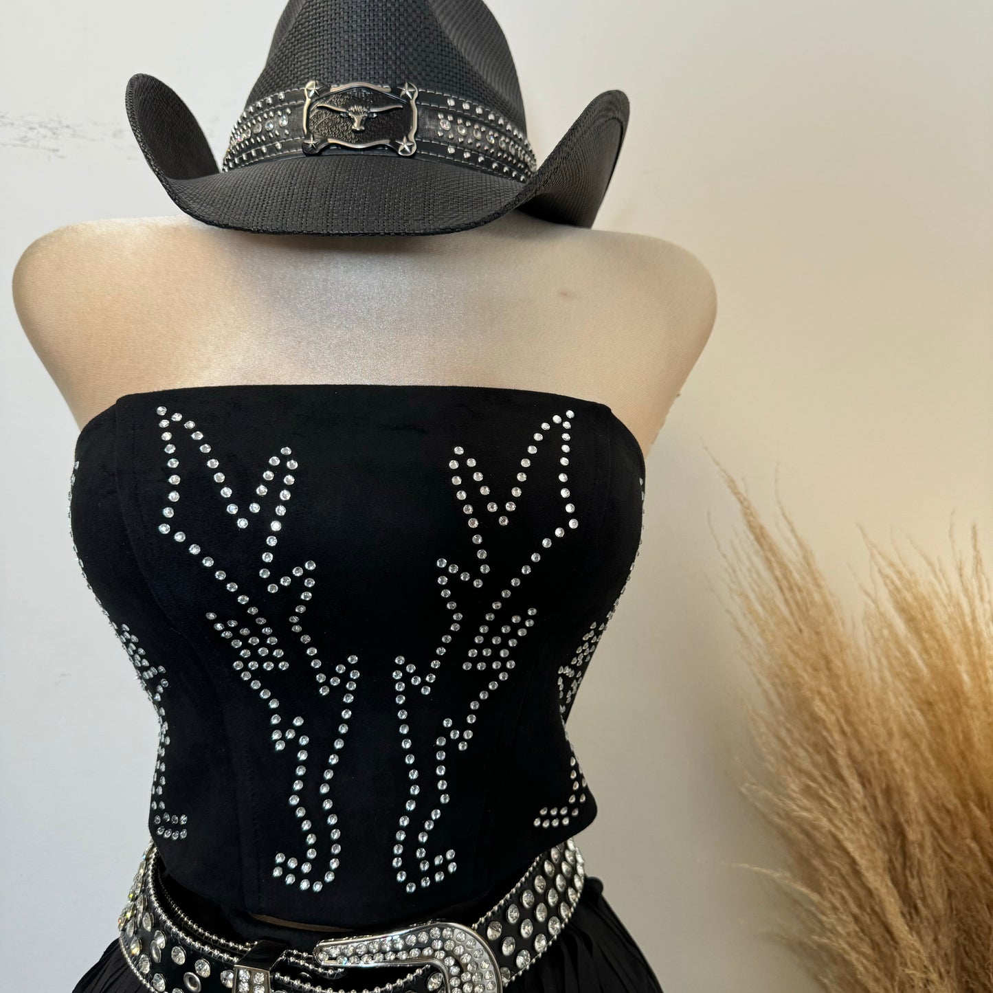 Western Style Rhinestone Tube Top-Black