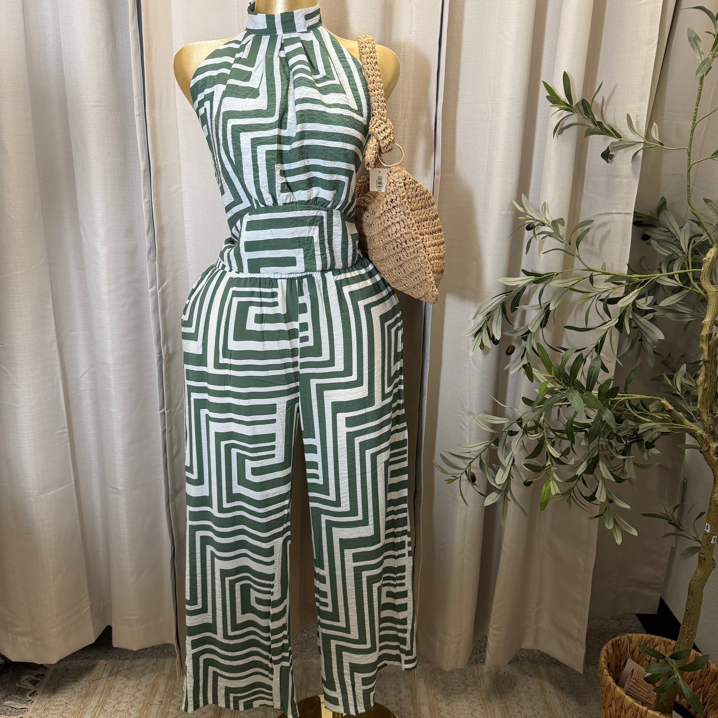 PL-Halter Crop Top wide Pant set-Green