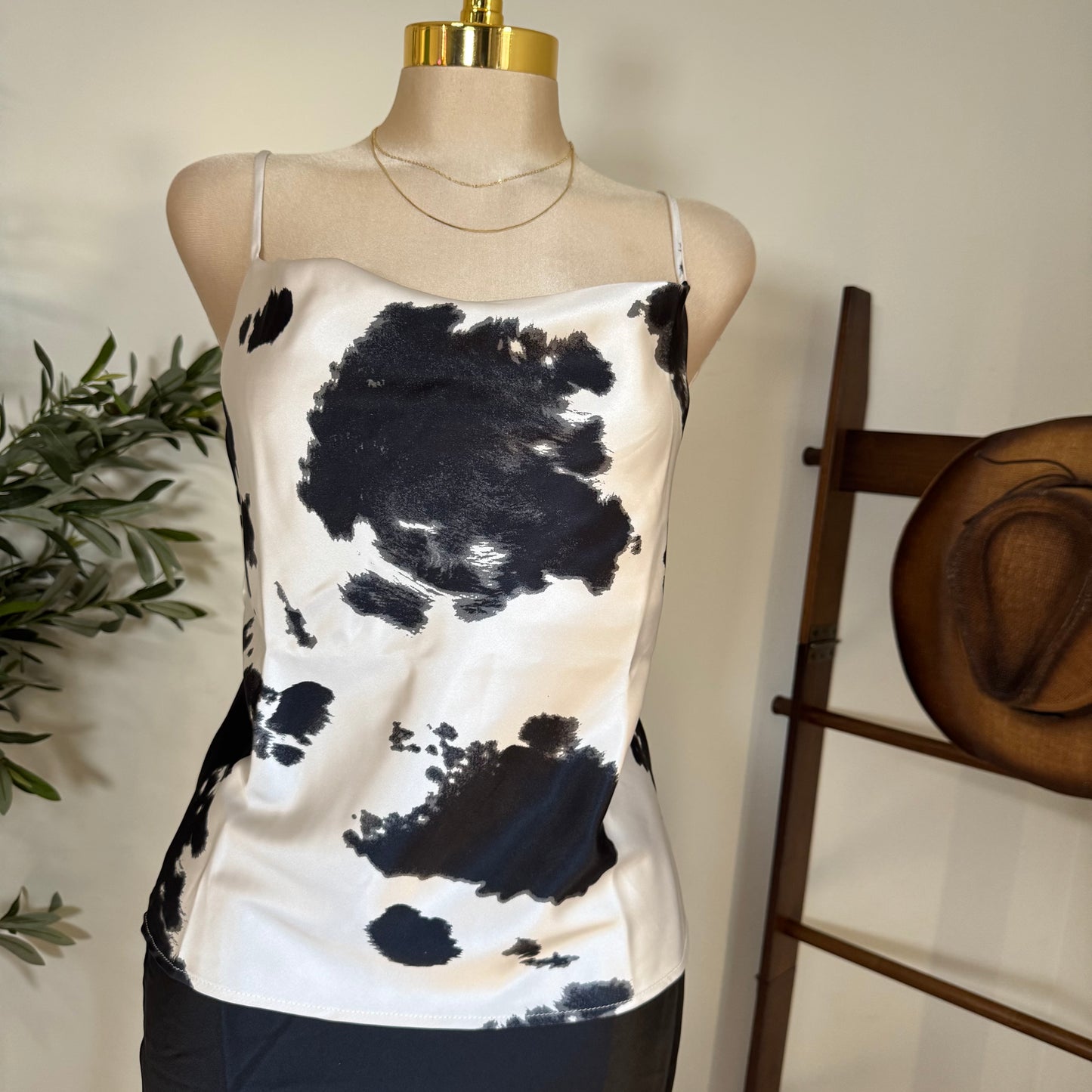 Satin Cow Print spaghetti Top-Black