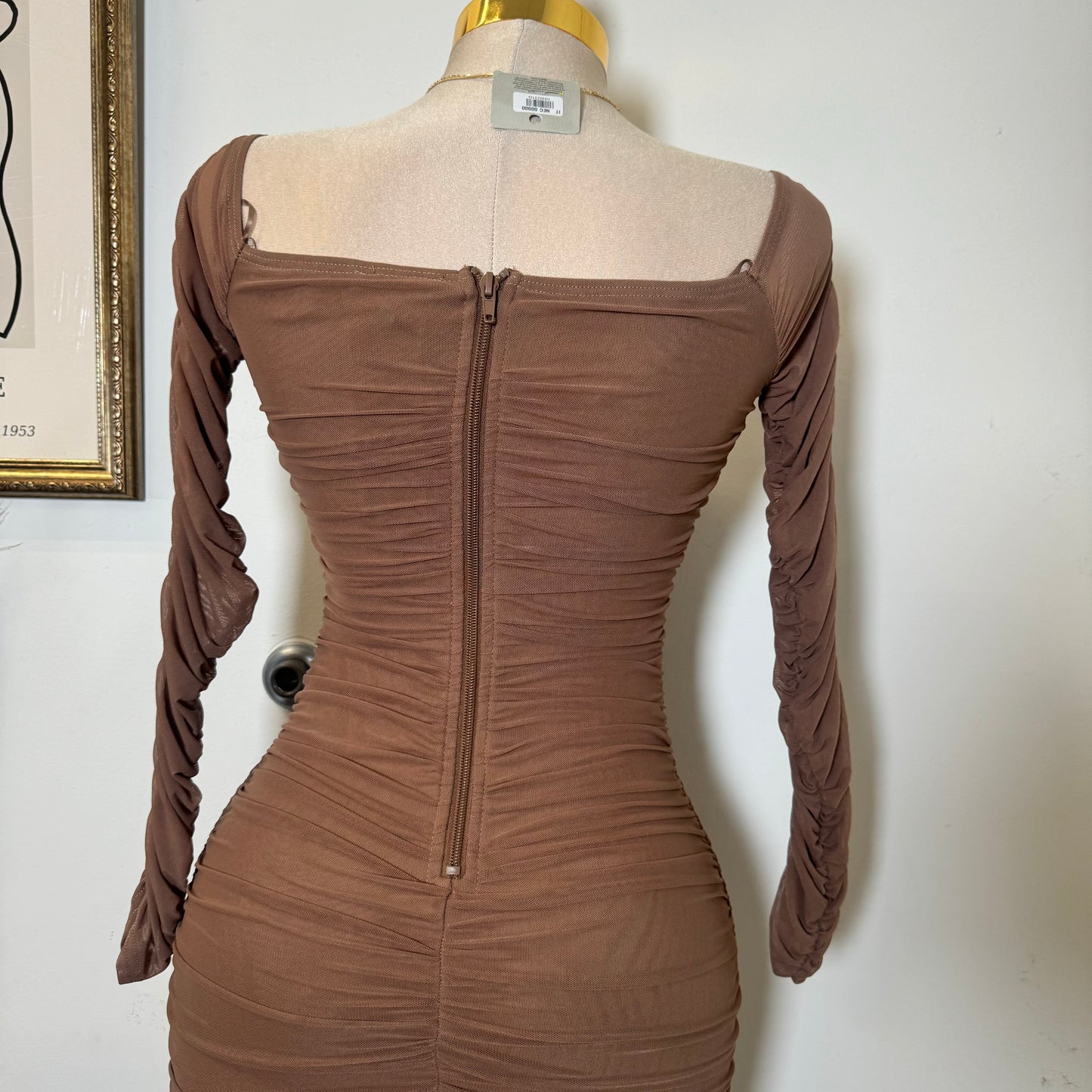 Mesh Off Shoulder Long Sleeve Dress-Brown