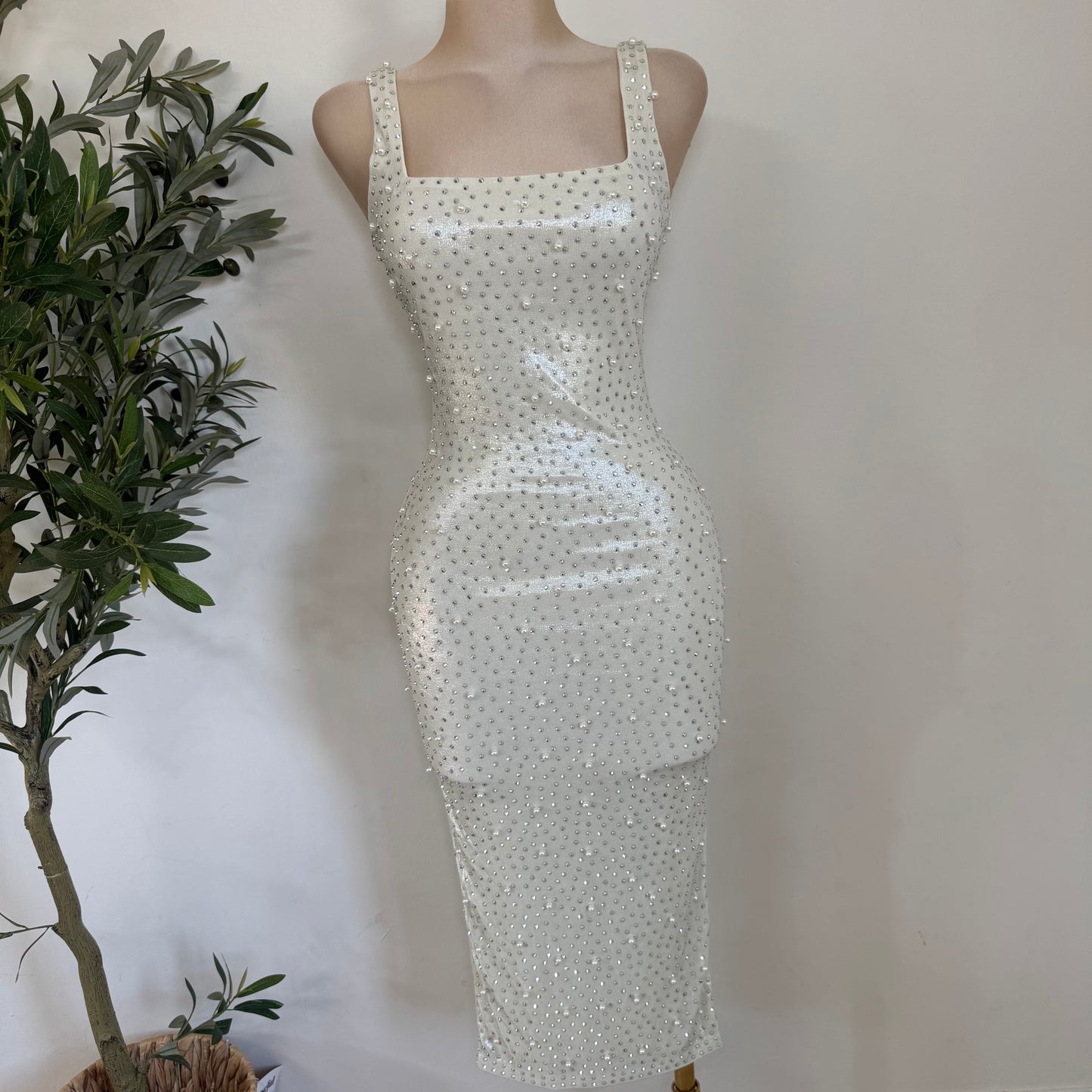 Rhinestone and Pearl beaded Midi Dress-White