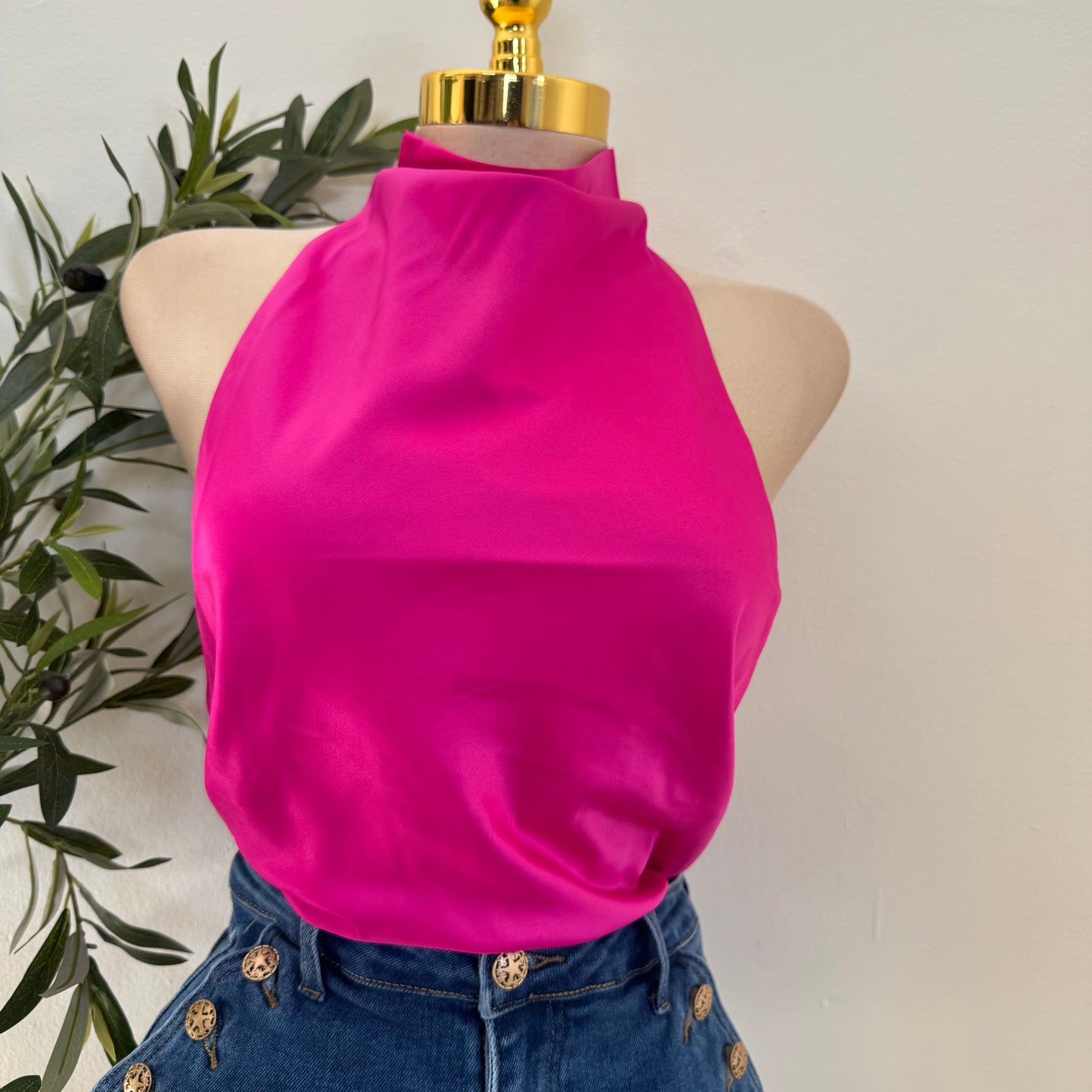 Satin Halter Open Back Top-Hot Pink
