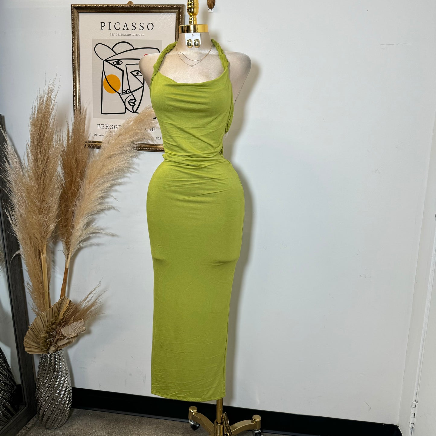 Braided Halter Dress-Green