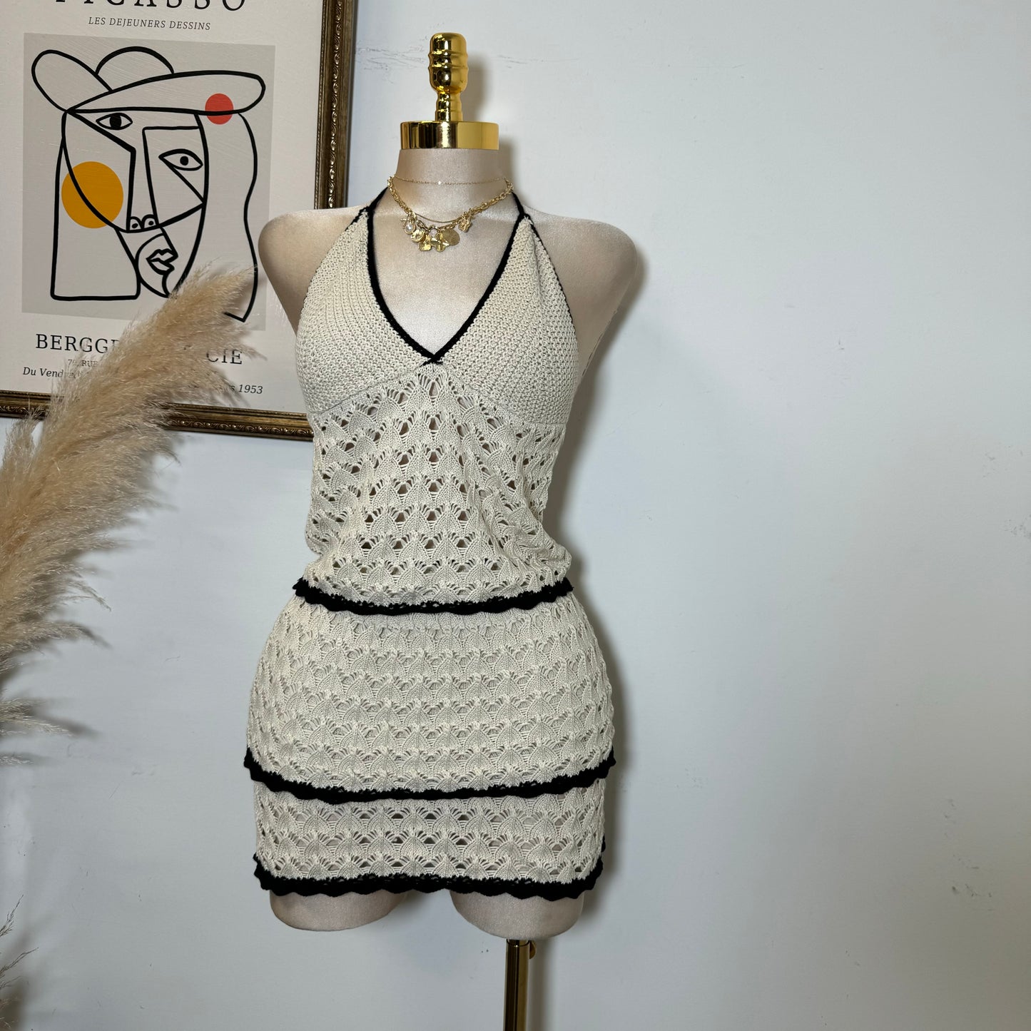 Knitted Halter Skirt Set-Beige