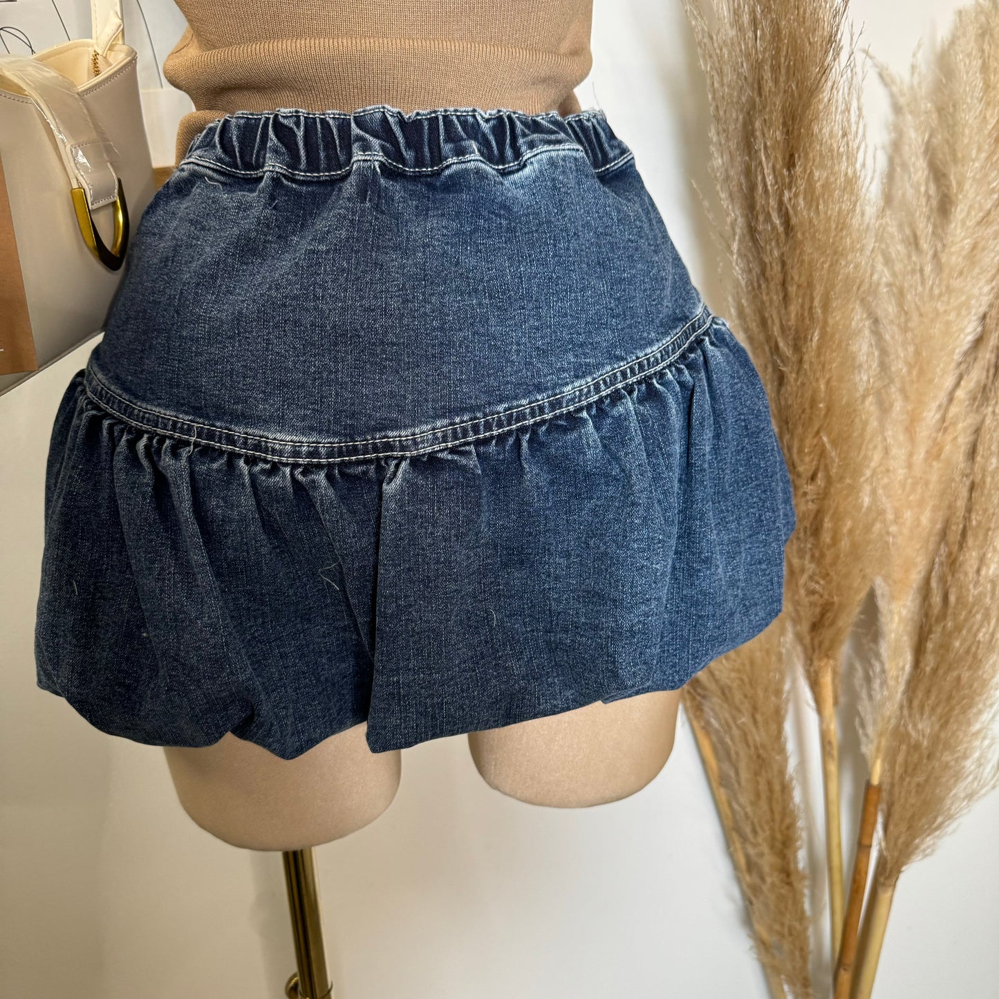 Bubble Denim Mini Skirt-Denim