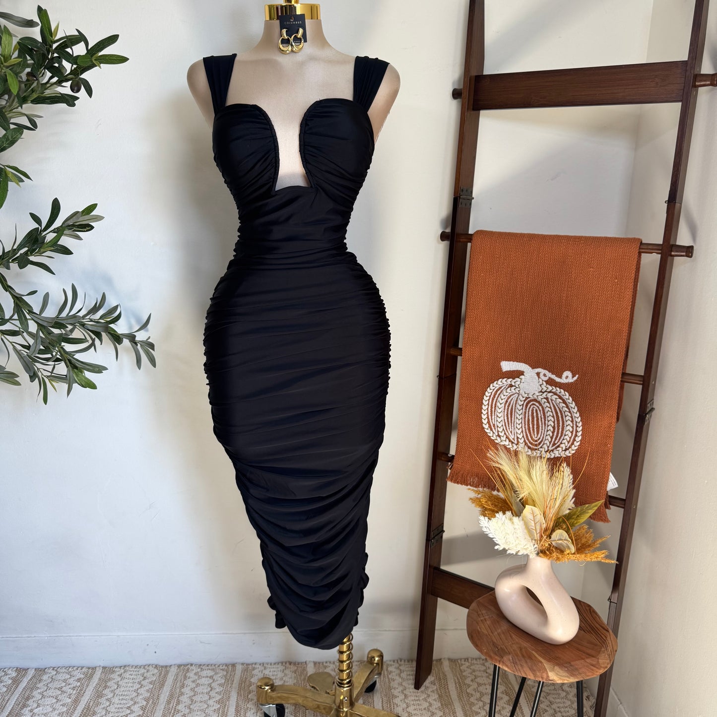 Ruched Midi Dress-Black
