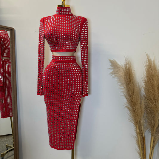 Rhinestone Long Sleeve Skirt Set-Red