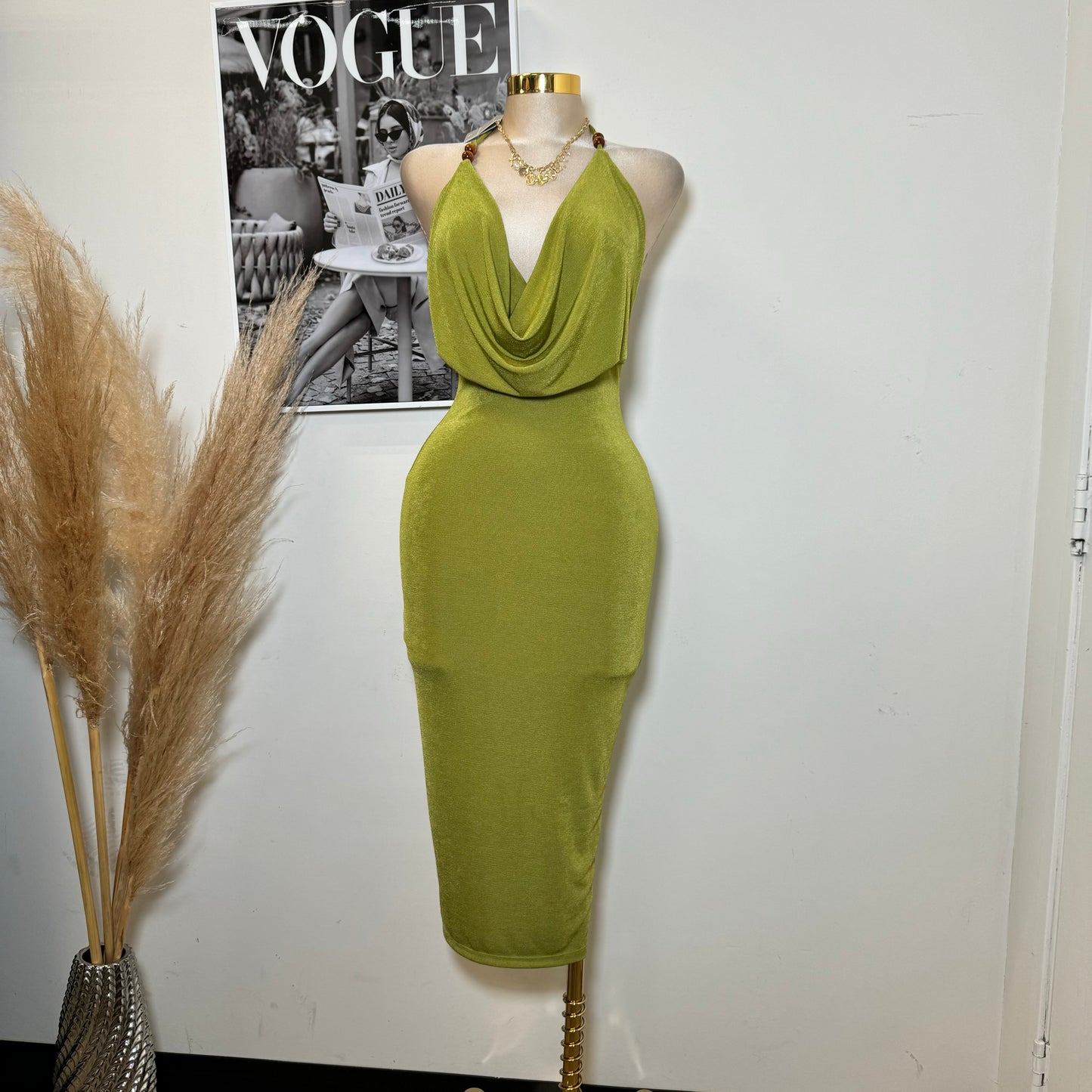 Bead Cowl Neck Halter Midi Dress-Green