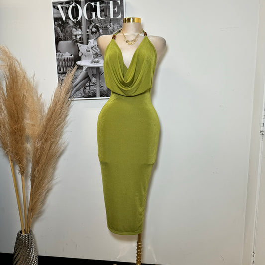 Bead Cowl Neck Halter Midi Dress-Green