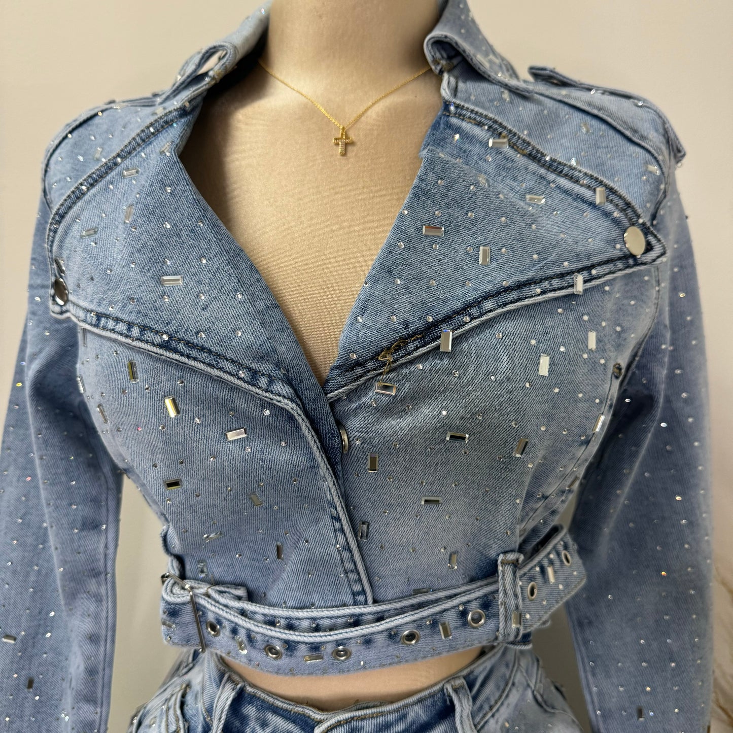 Ximena Rhinestone Denim Jacket-LT Blue
