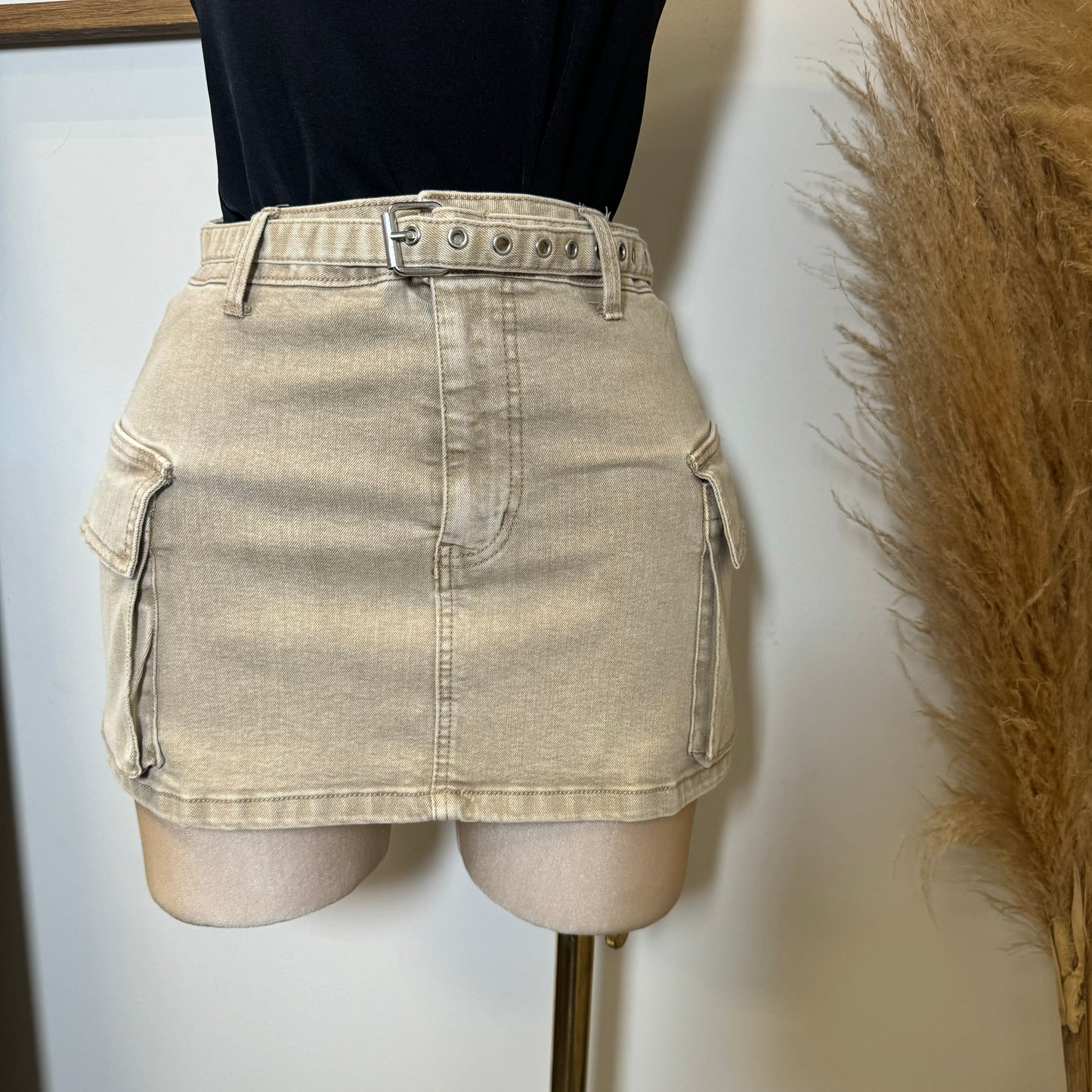 Cargo Belt Mini Skirt-Khaki