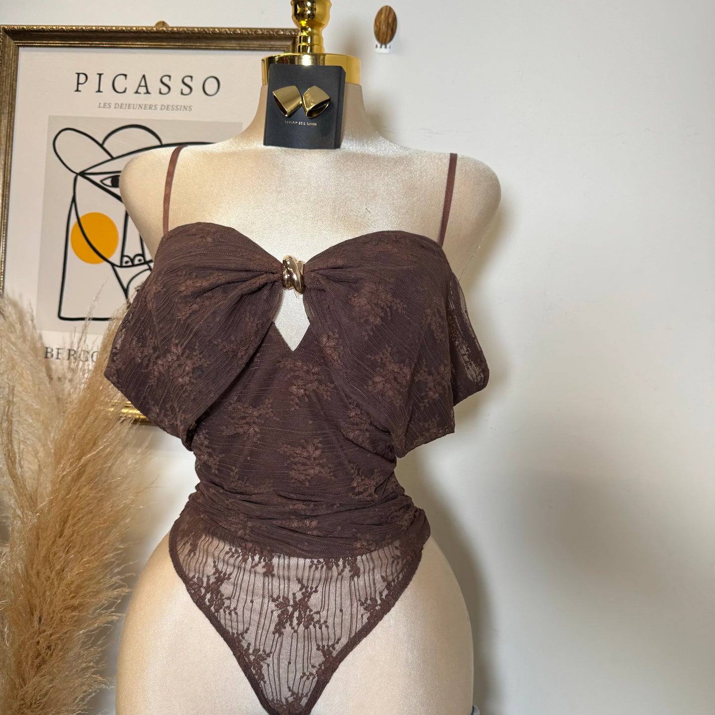 Lace Gold Trim Inset Off shoulder bodysuit-Brown