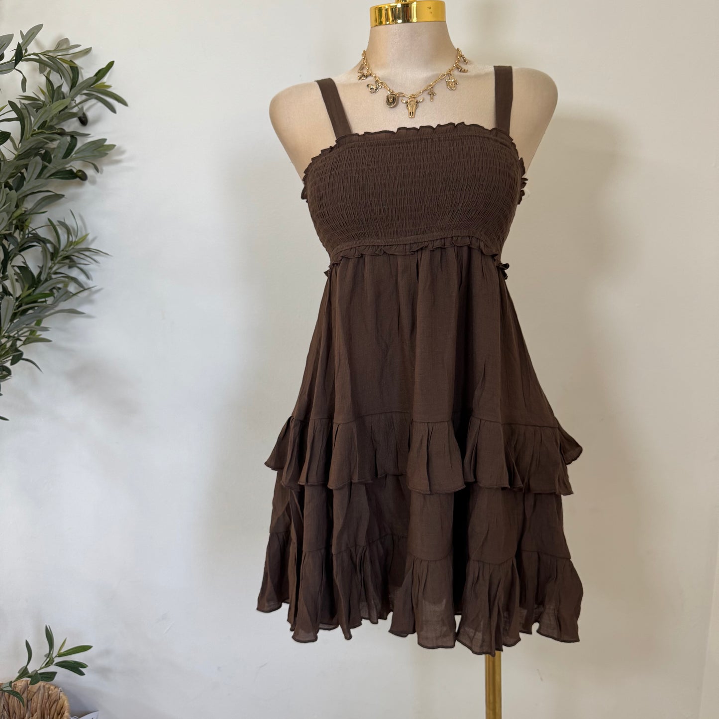Smocked Tiered Mini Dress-Chocolate