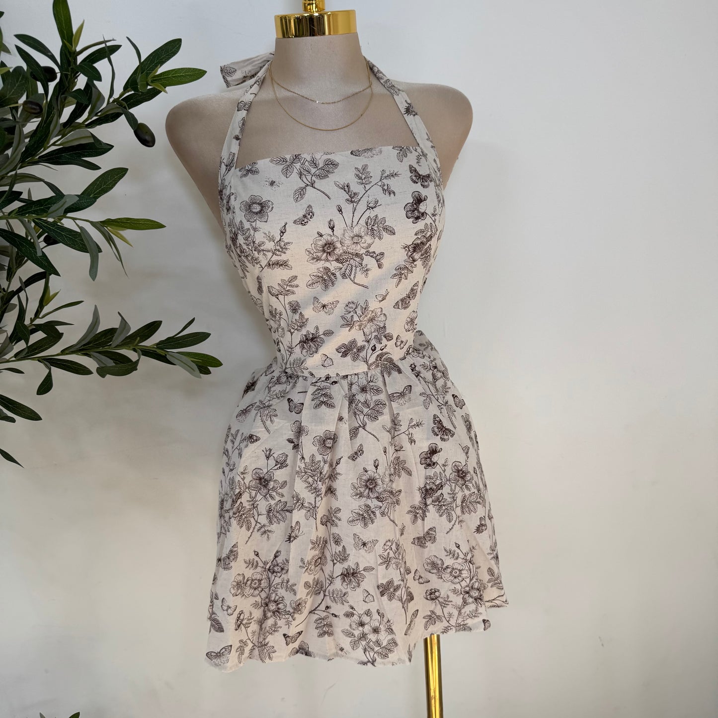 Halter Ballon Dress-Cream/Brown