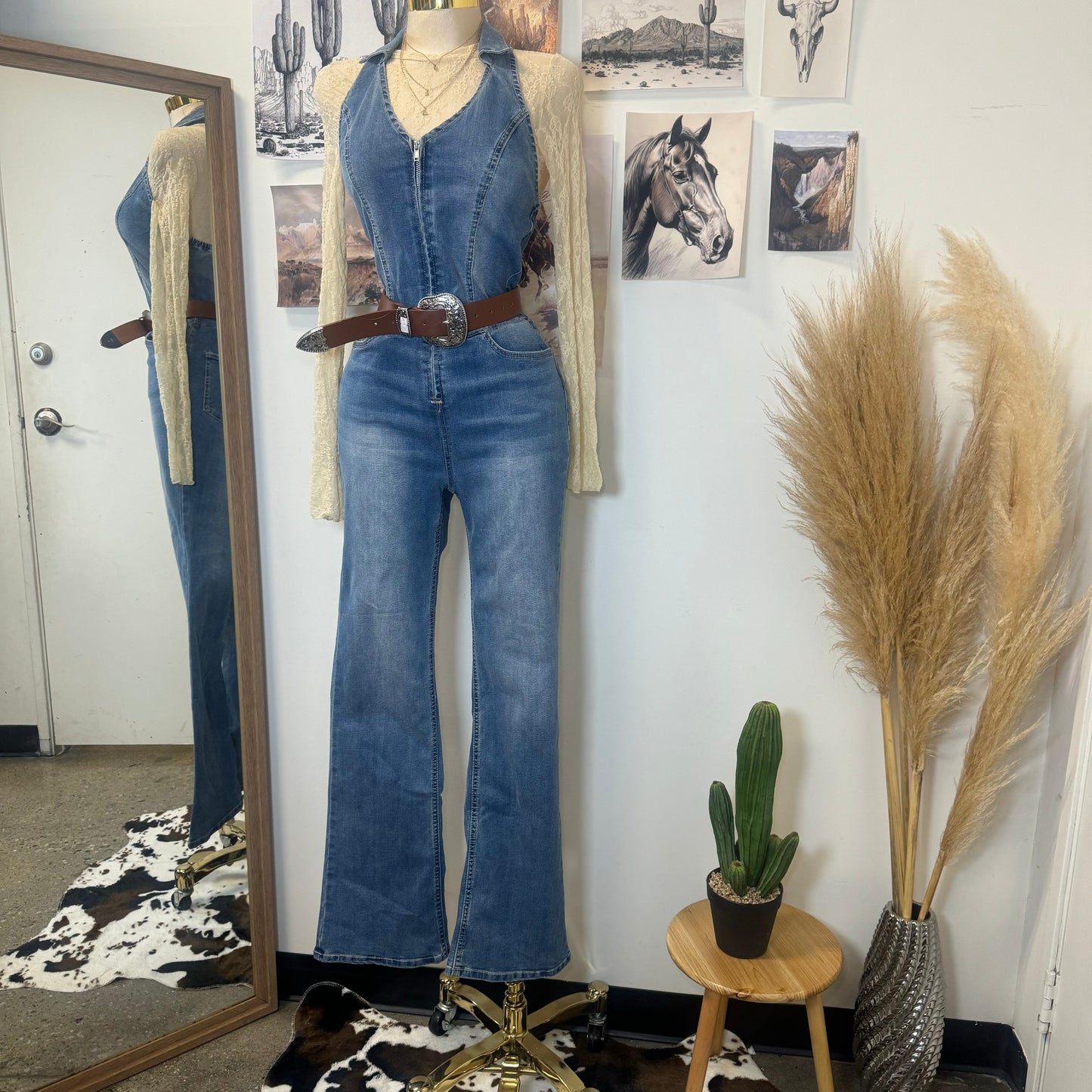 Rodeo Halter Flare Jumpsuit-Denim