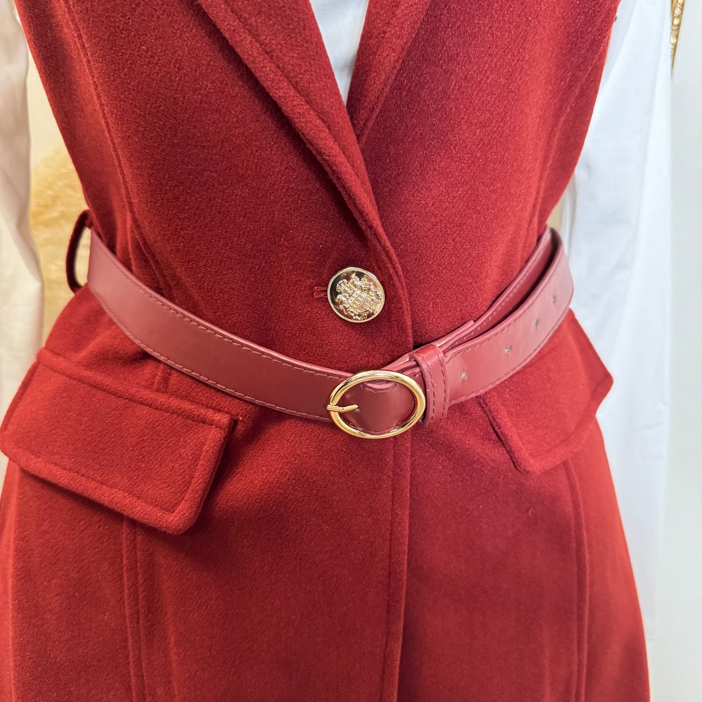 Brush leather Belted Blazer Coat Vest-burgundy