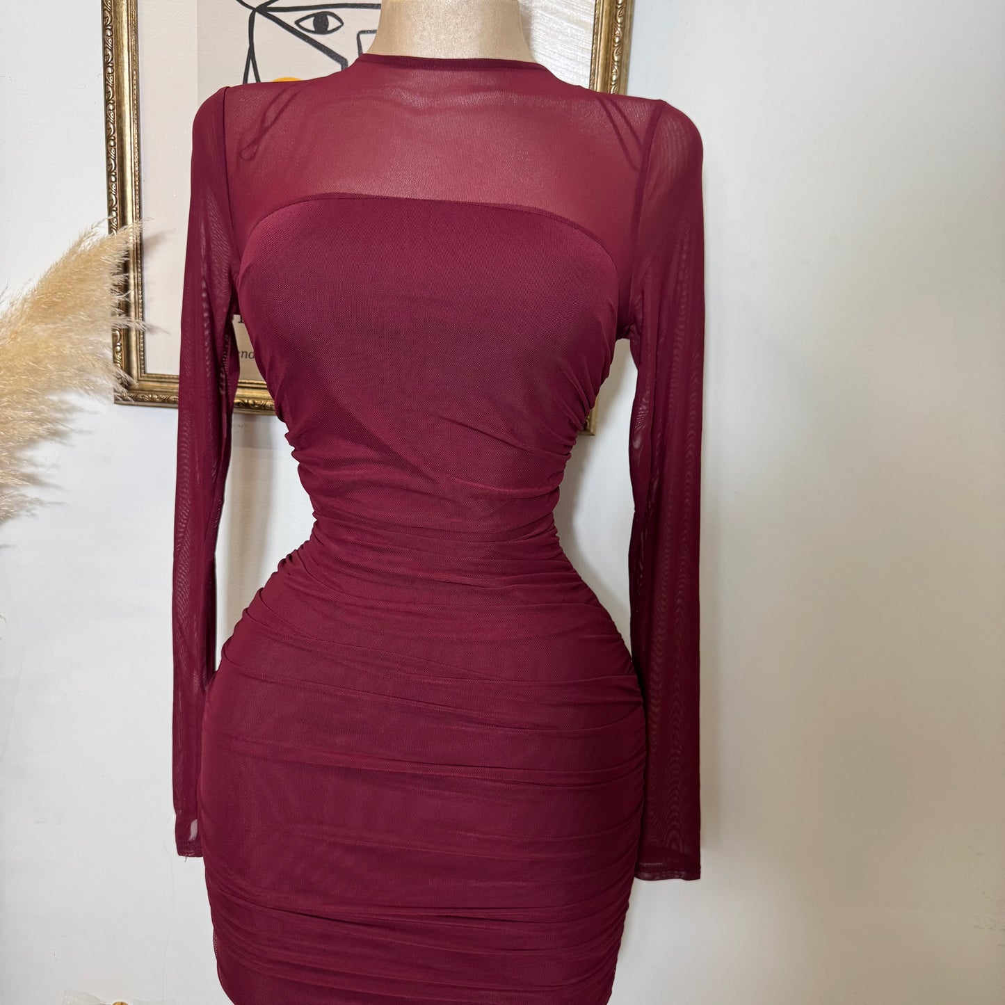 Round Neck Long Sleeve Ruching Midi Dress-Dk Cherry