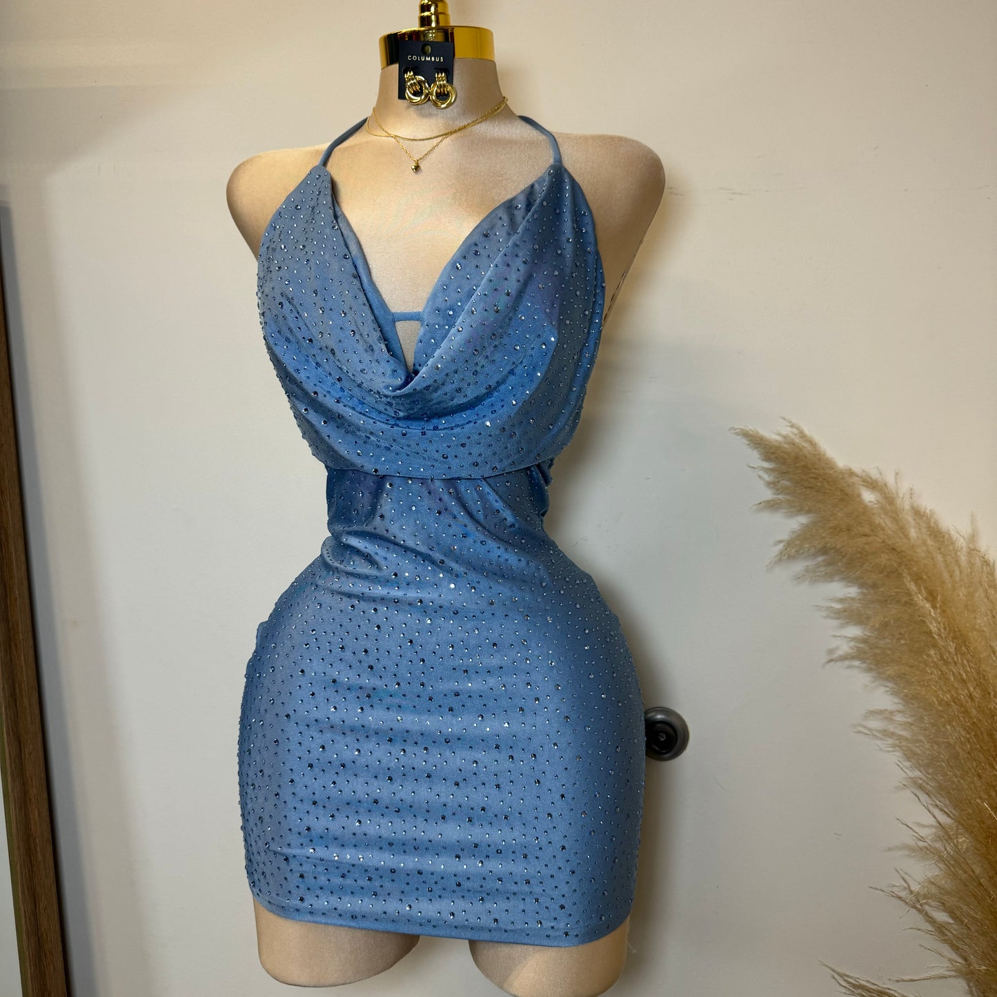 Cowl Rhinestone Dress-Baby Blue