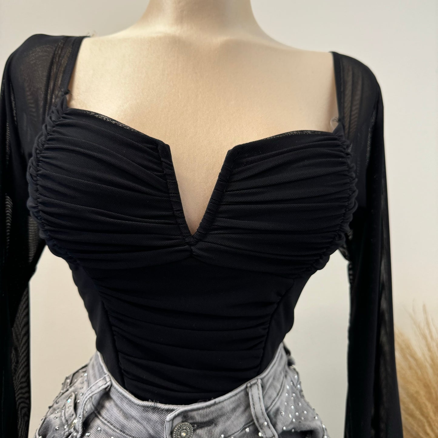 Mesh Long Sleeve V Crop Top -Black