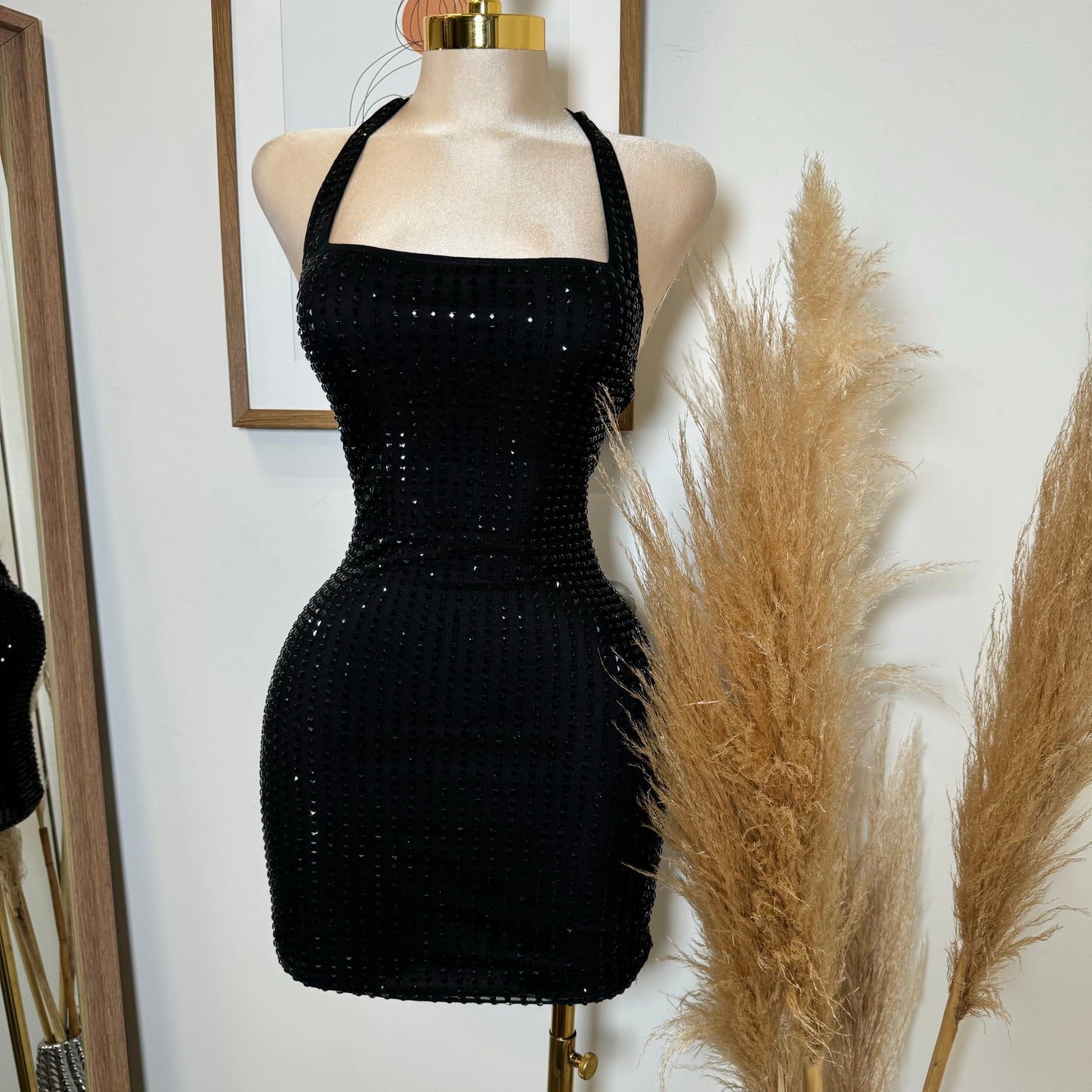 Vegas Rhinestone Halter Dress-Black