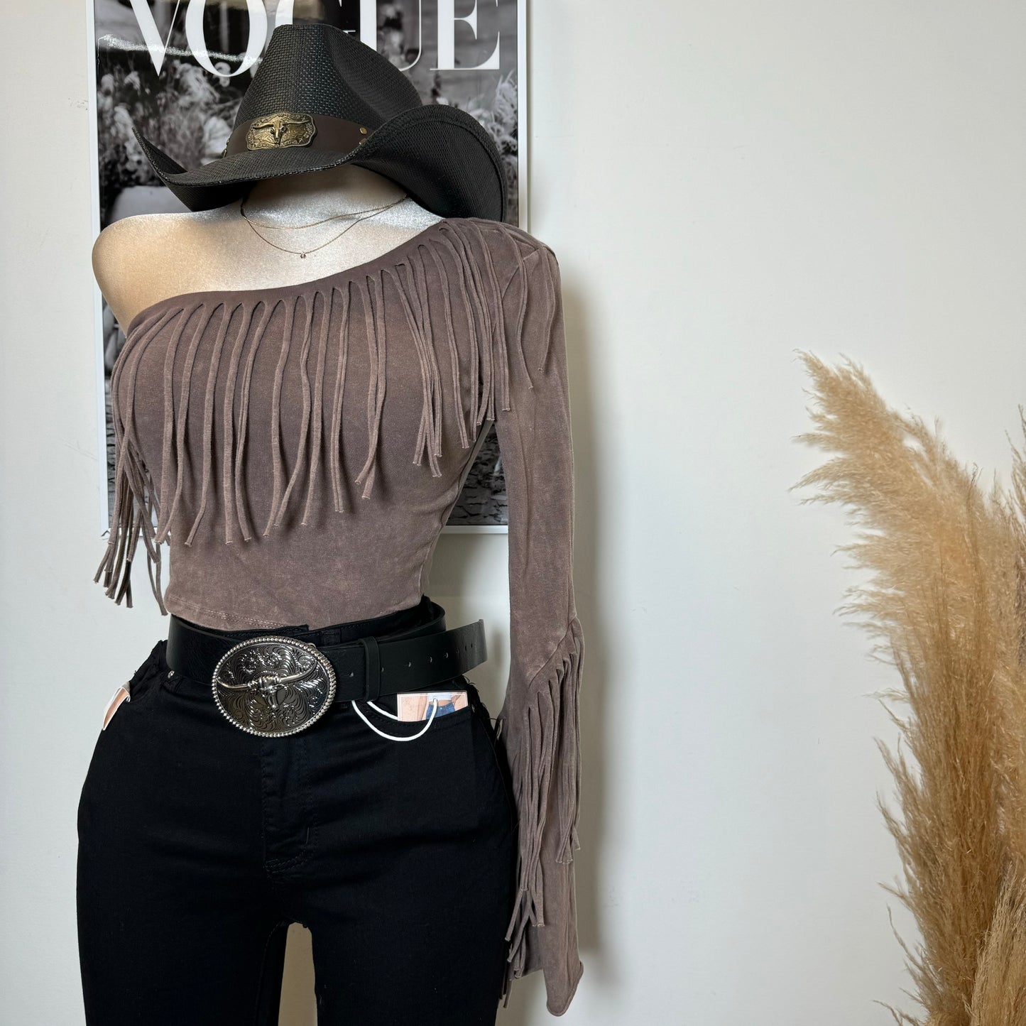 One Shoulder Fringe Top-Brown