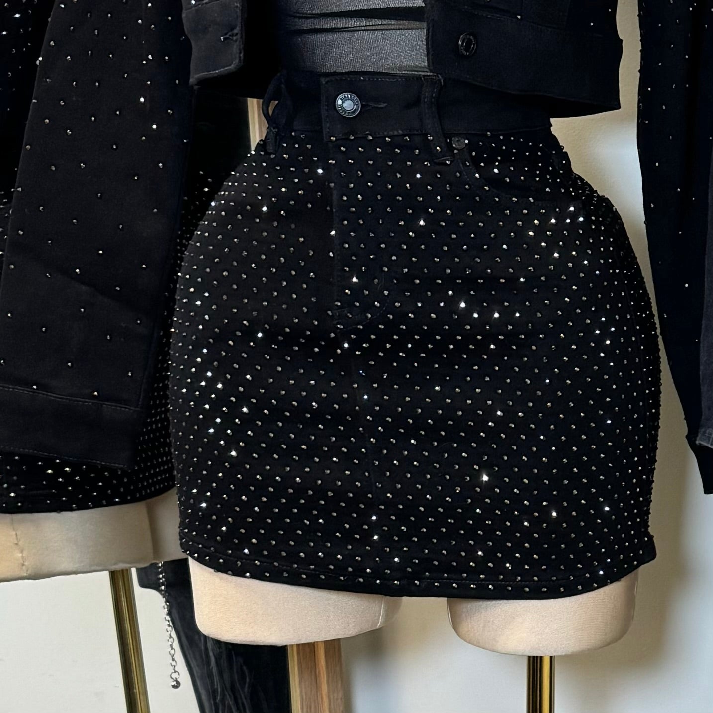 Rhinestone Denim Skirt -Black